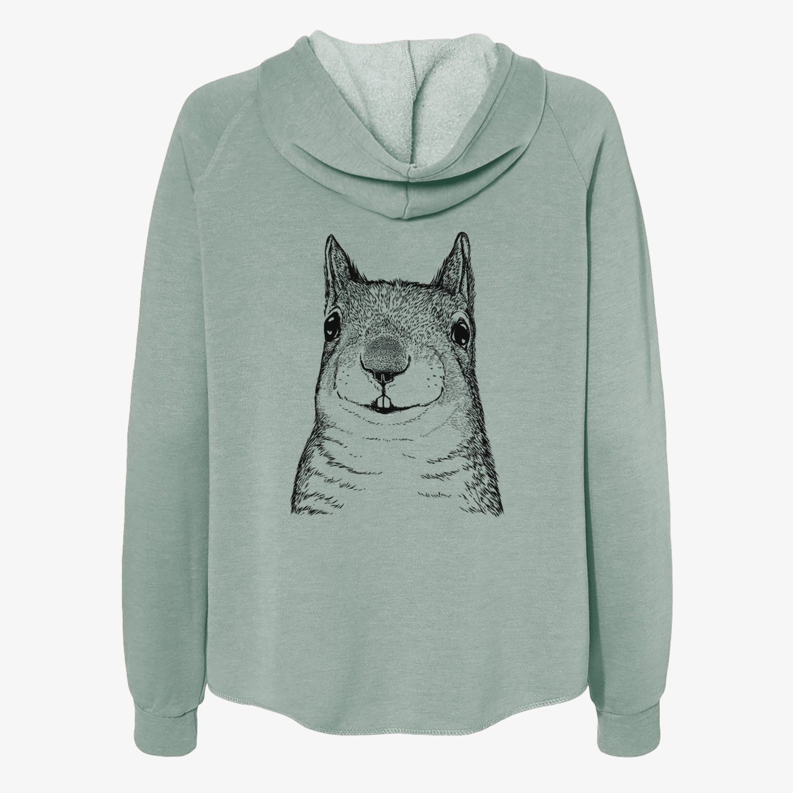 Hand-drawn sketch of Nibbles the Squirrel on a Sage Women's cali wave zip-up sweatshirt