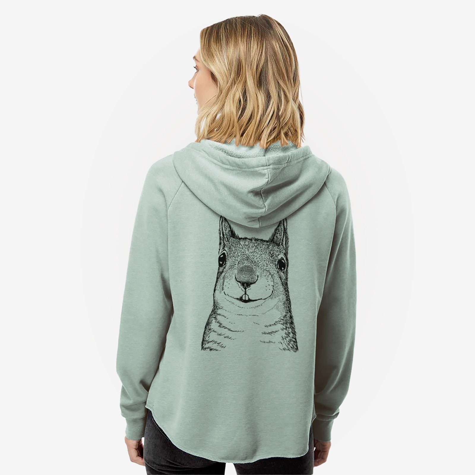 Hand-drawn sketch of Nibbles the Squirrel on a Sage Women's cali wave zip-up sweatshirt