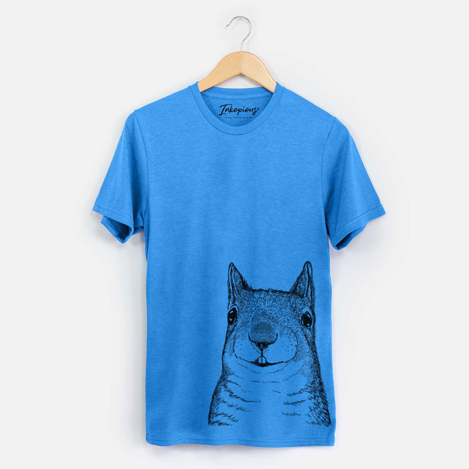 Hand-drawn sketch of Nibbles the Squirrel on a Blue Unisex crewneck