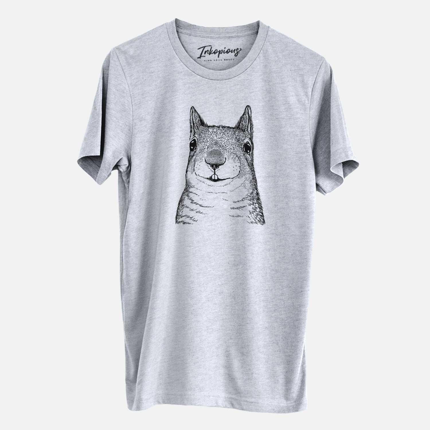 Hand-drawn sketch of Nibbles the Squirrel on a Grey Unisex crewneck