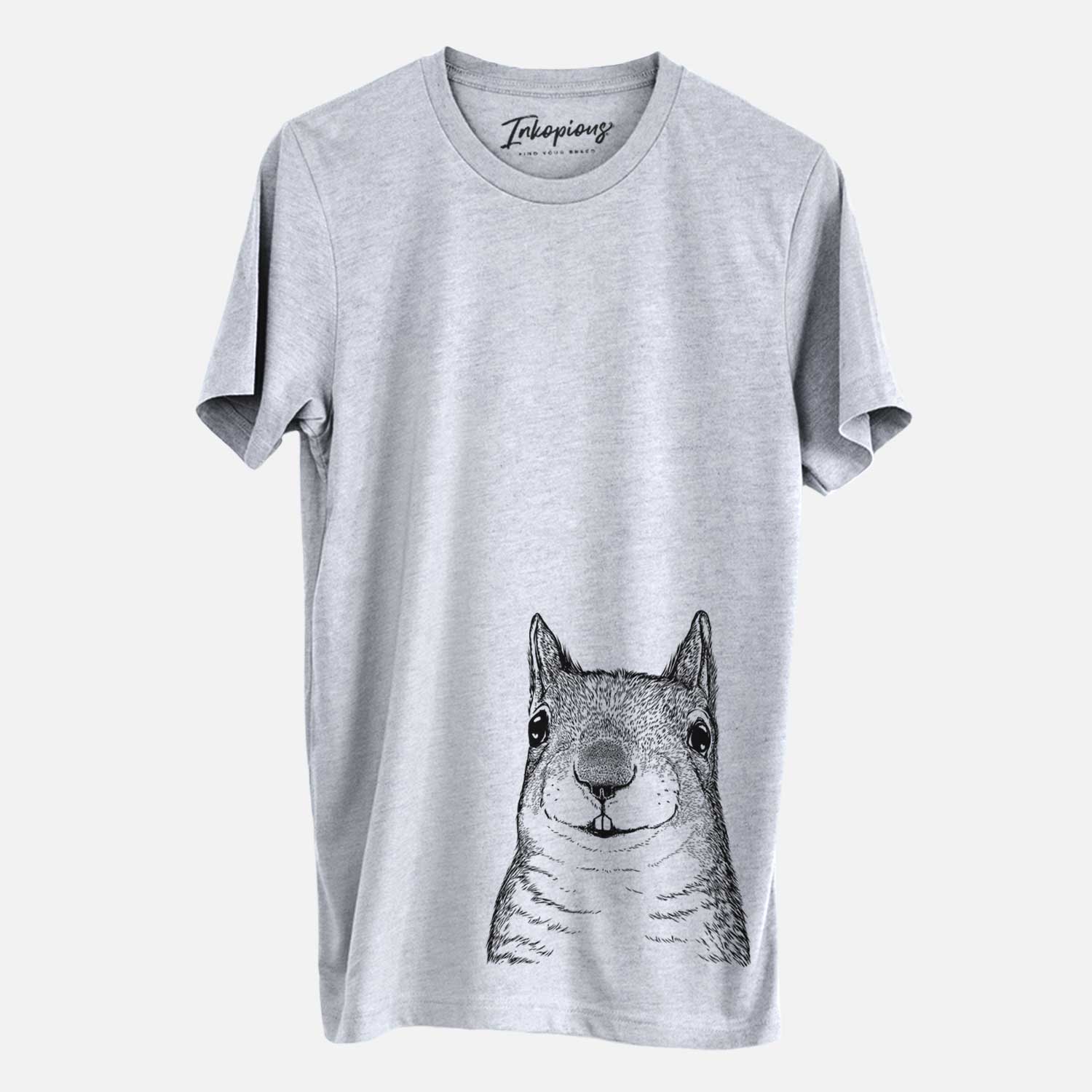 Hand-drawn sketch of Nibbles the Squirrel on a Grey Unisex crewneck