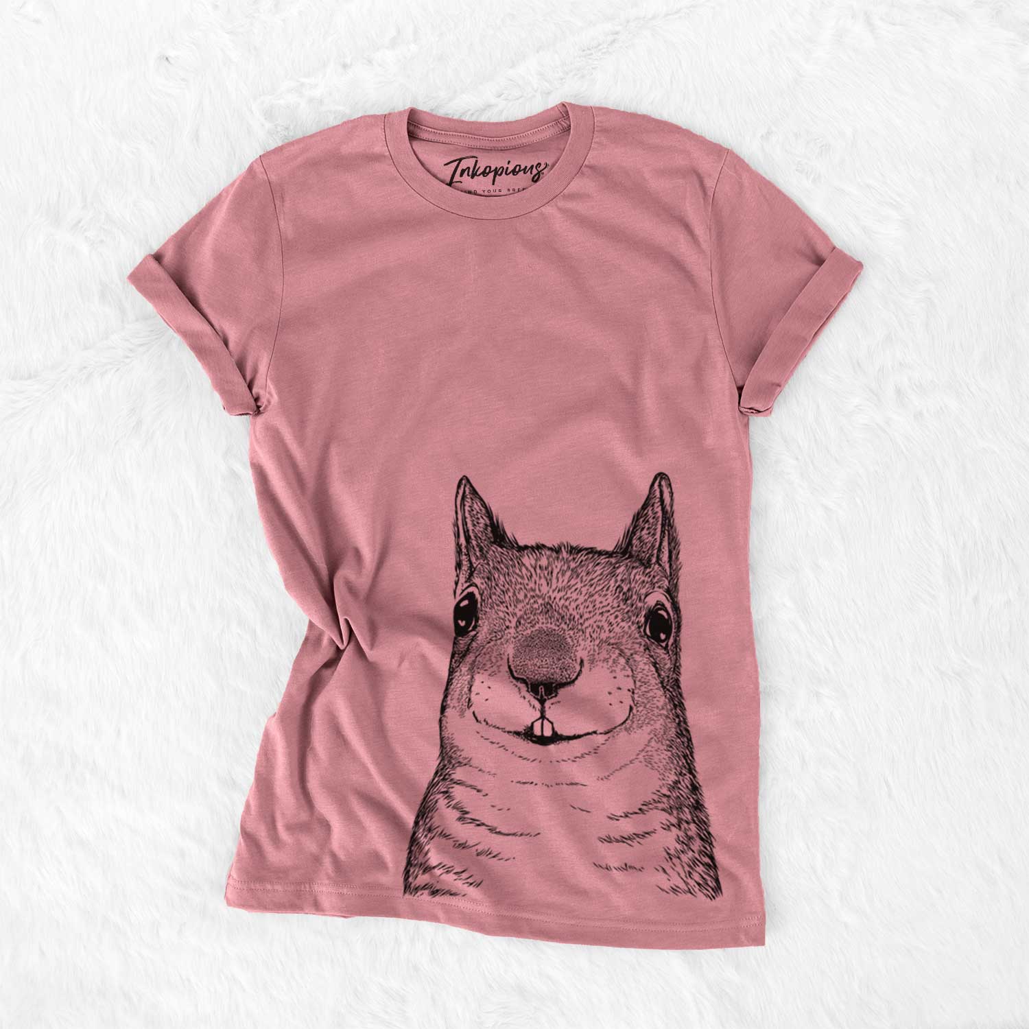 Hand-drawn sketch of Nibbles the Squirrel on a Mauve Unisex crewneck
