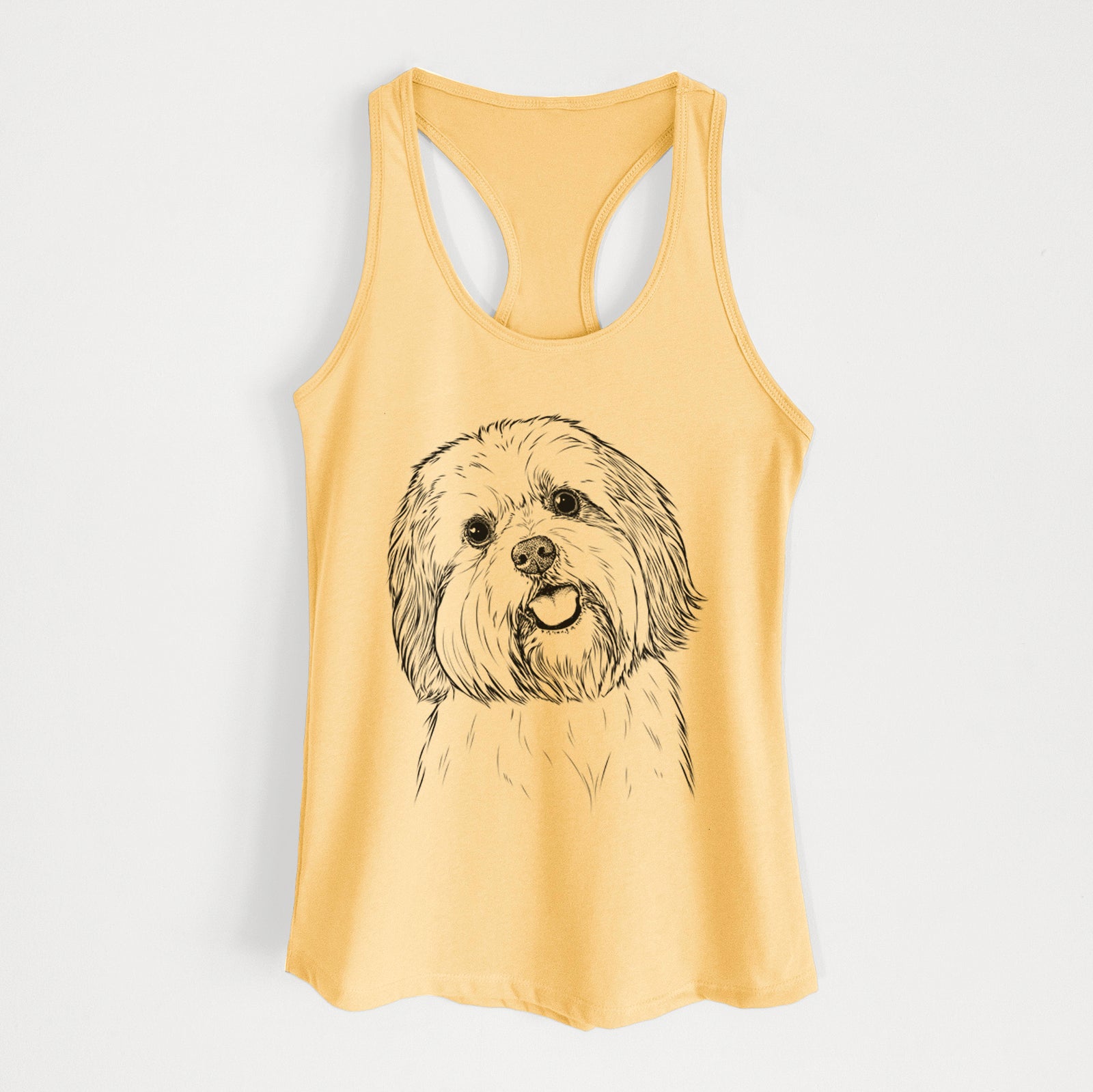 Hand-drawn sketch of Nikka the Lowchen on a Banana Cream Women's racerback tanktop