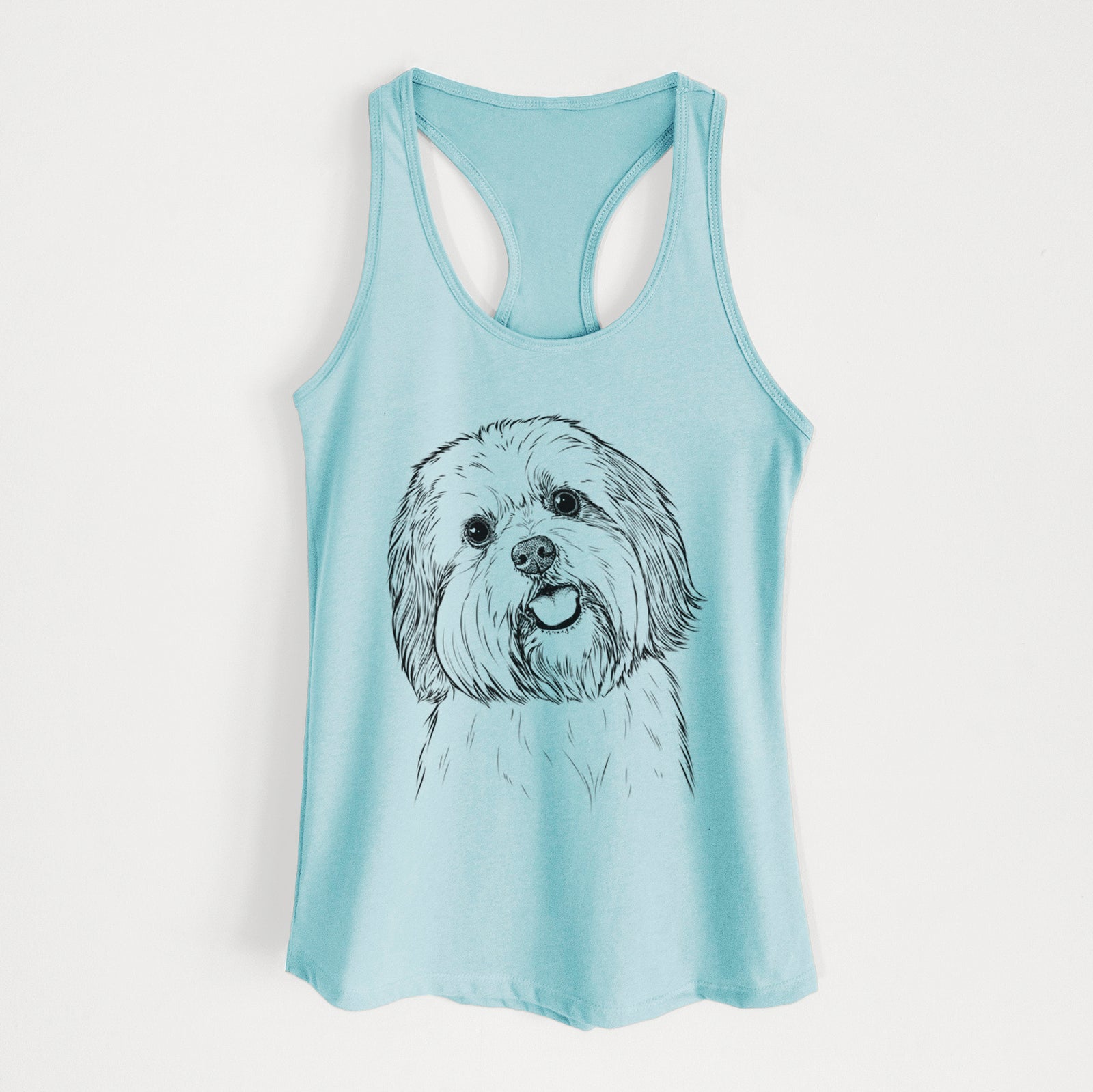 Hand-drawn sketch of Nikka the Lowchen on a Cancun Blue Women's racerback tanktop