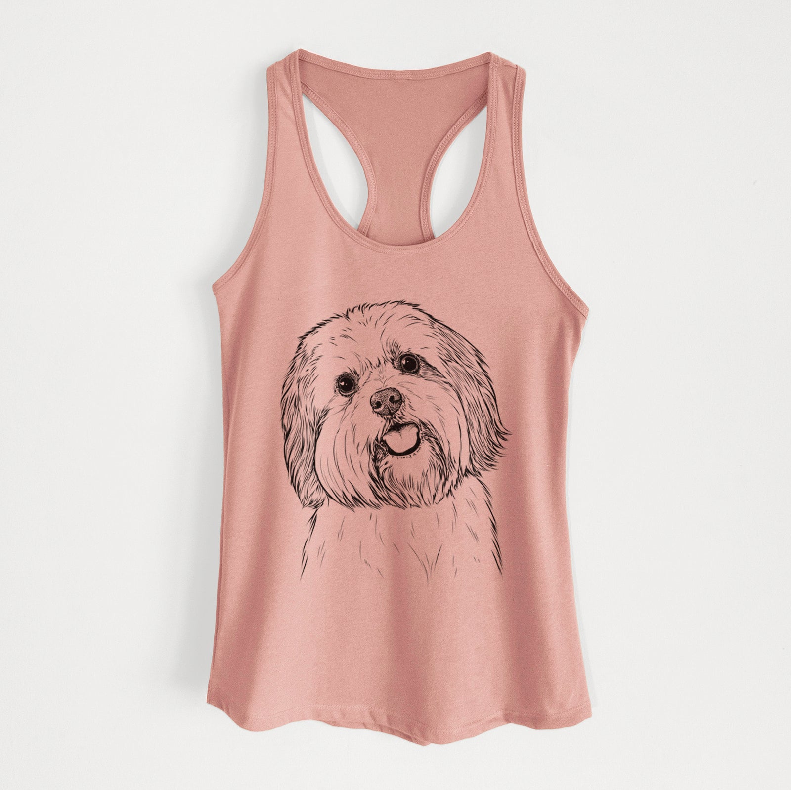 Hand-drawn sketch of Nikka the Lowchen on a Desert Pink Women's racerback tanktop