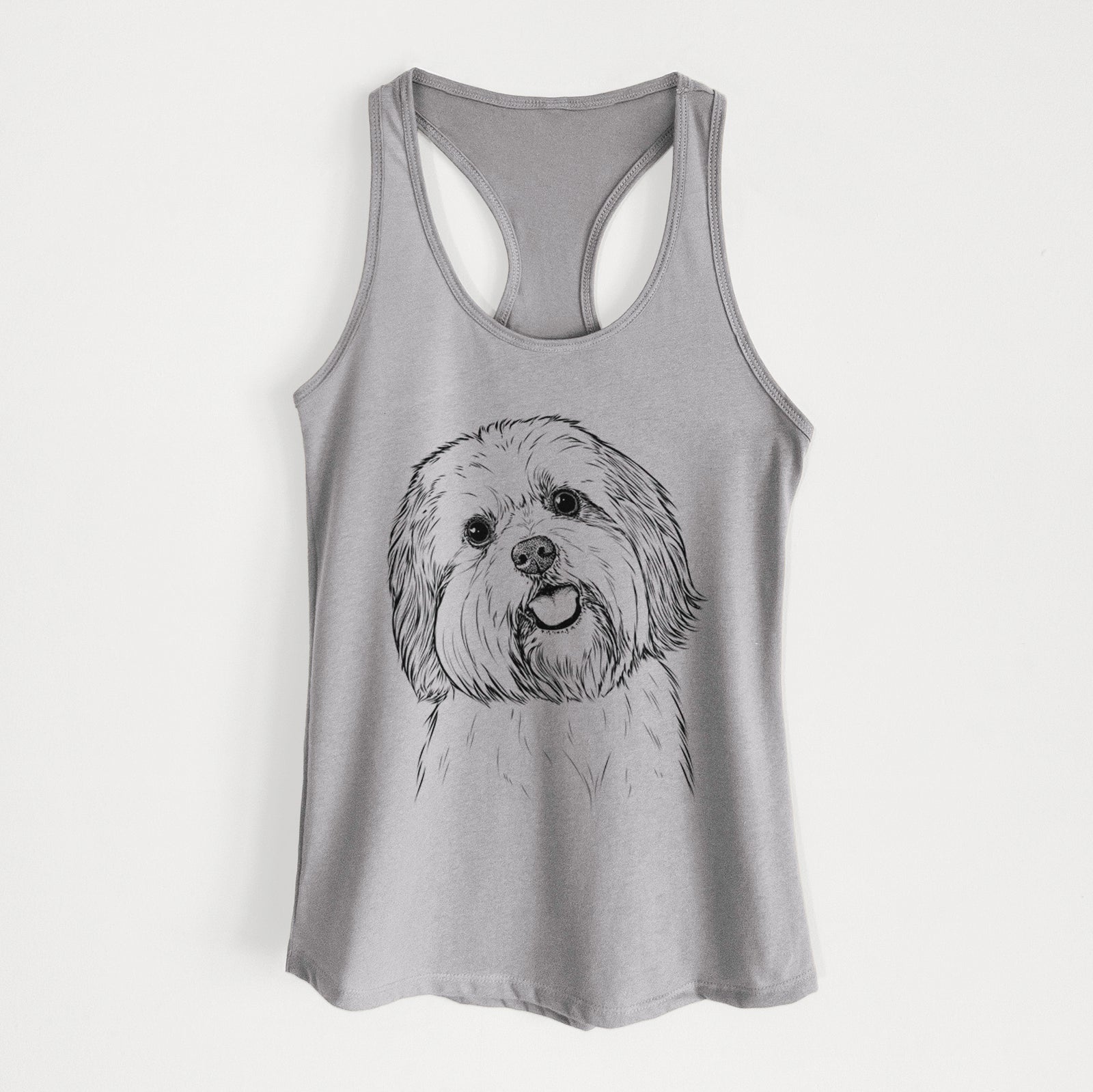 Hand-drawn sketch of Nikka the Lowchen on a Heather Grey Women's racerback tanktop