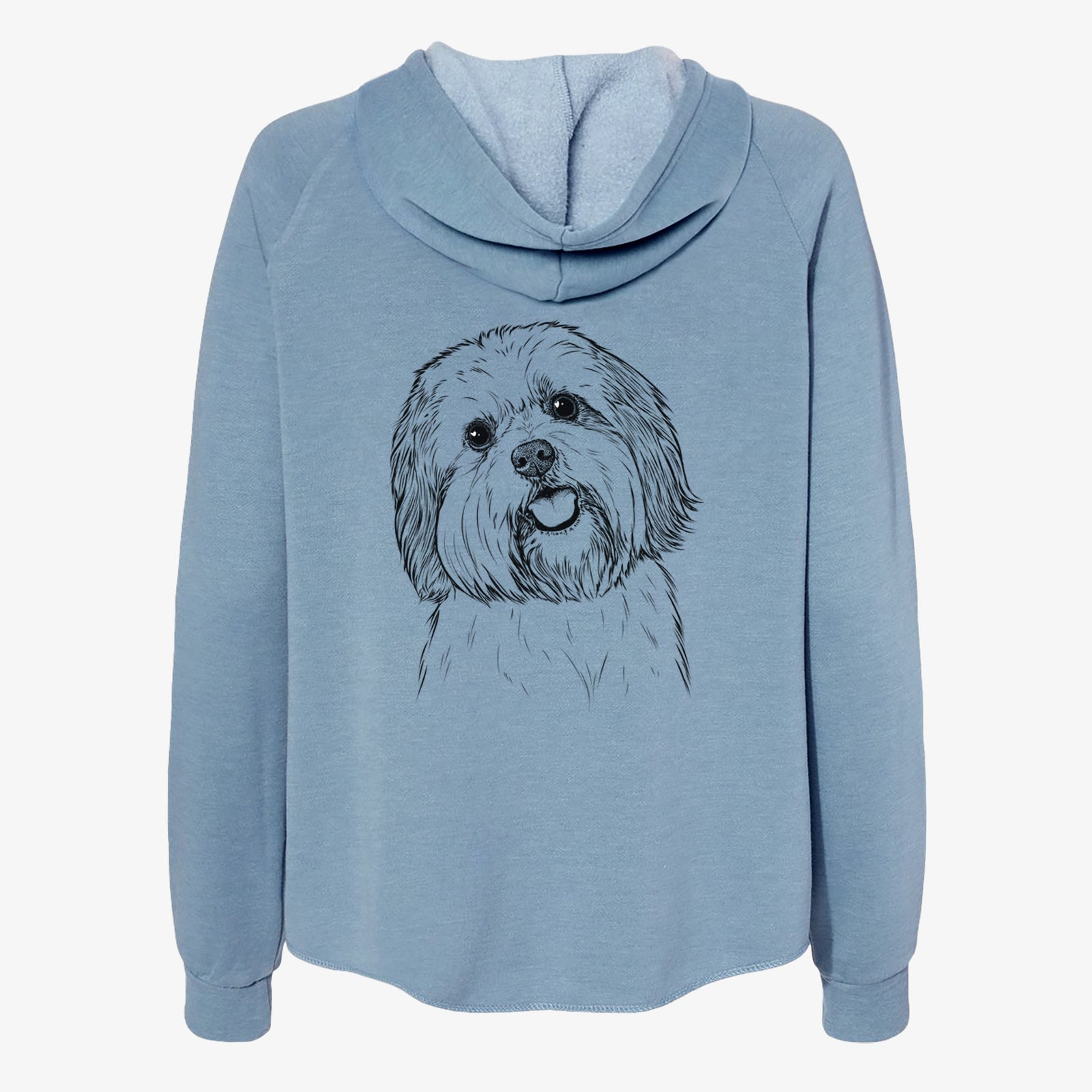 Hand-drawn sketch of Nikka the Lowchen on a Misty Blue Women's cali wave zip-up sweatshirt