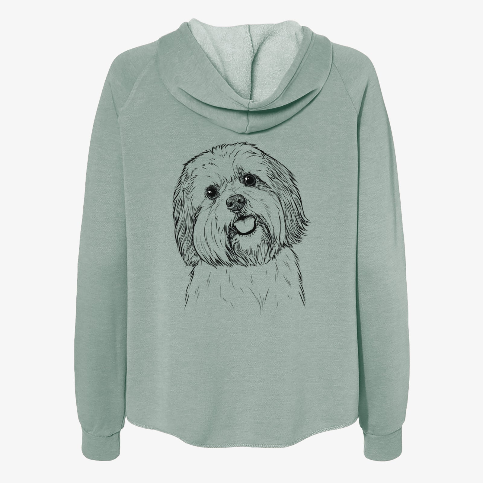Hand-drawn sketch of Nikka the Lowchen on a Sage Women's cali wave zip-up sweatshirt