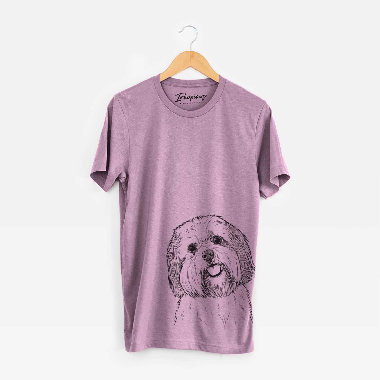 Hand-drawn sketch of Nikka the Lowchen on an Orchid Bella Canvas Unisex Crewneck