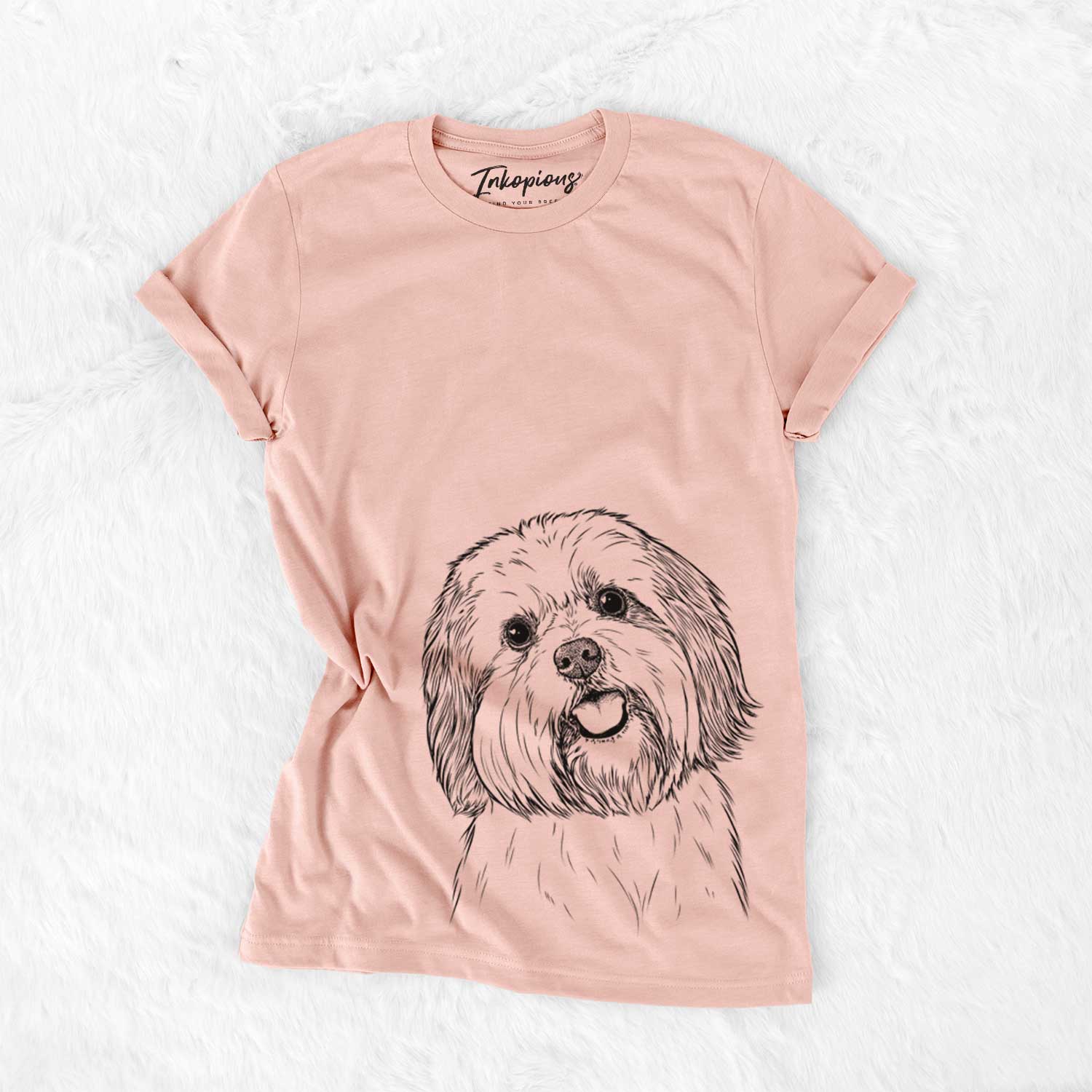 Hand-drawn sketch of Nikka the Lowchen on a Peach Bella Canvas Unisex Crewneck