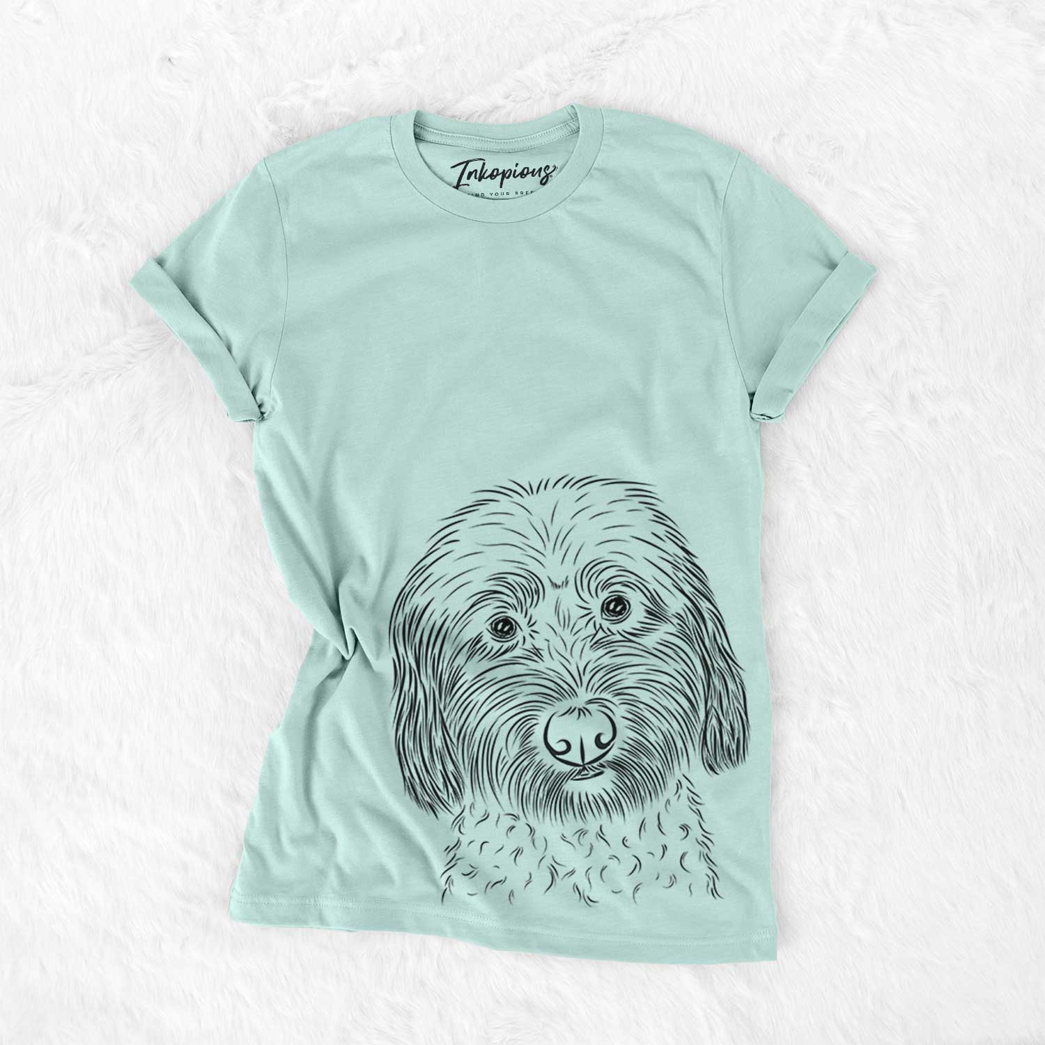 Hand-drawn sketch of Niles the Soft Coated Wheaten Terrier on a Heather Sage Bella Canvas Unisex Crewneck