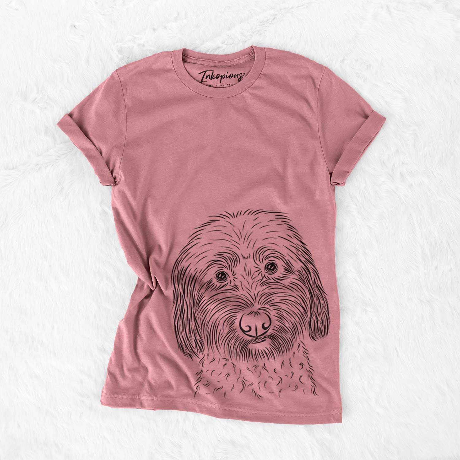 Hand-drawn sketch of Niles the Soft Coated Wheaten Terrier on a Mauve Bella Canvas Unisex Crewneck