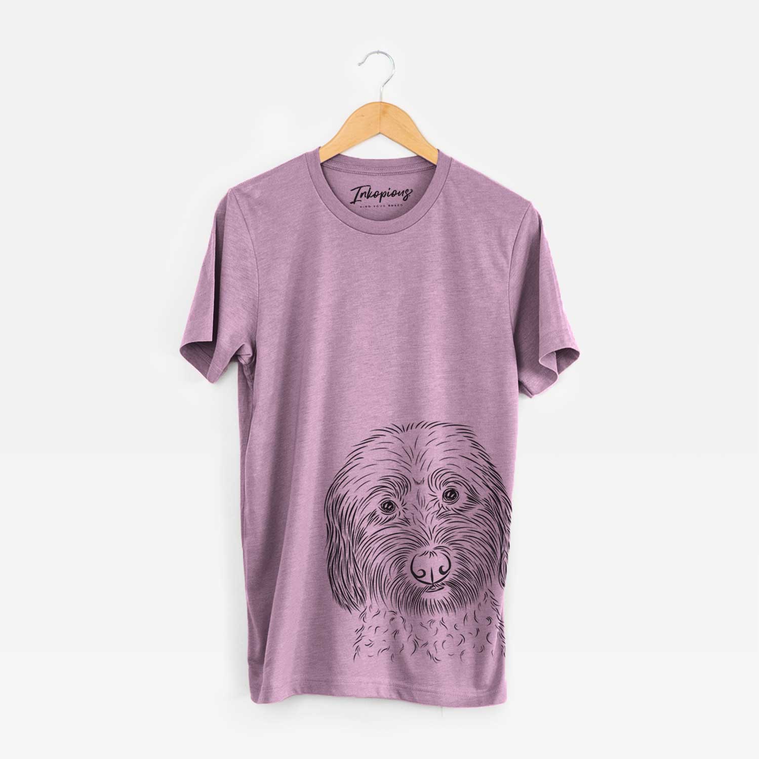 Hand-drawn sketch of Niles the Soft Coated Wheaten Terrier on an Orchid Bella Canvas Unisex Crewneck