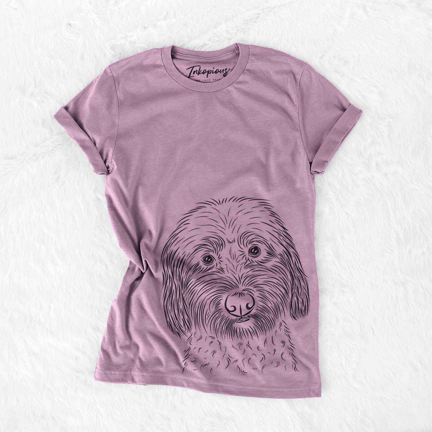 Hand-drawn sketch of Niles the Soft Coated Wheaten Terrier on an Orchid Bella Canvas Unisex Crewneck