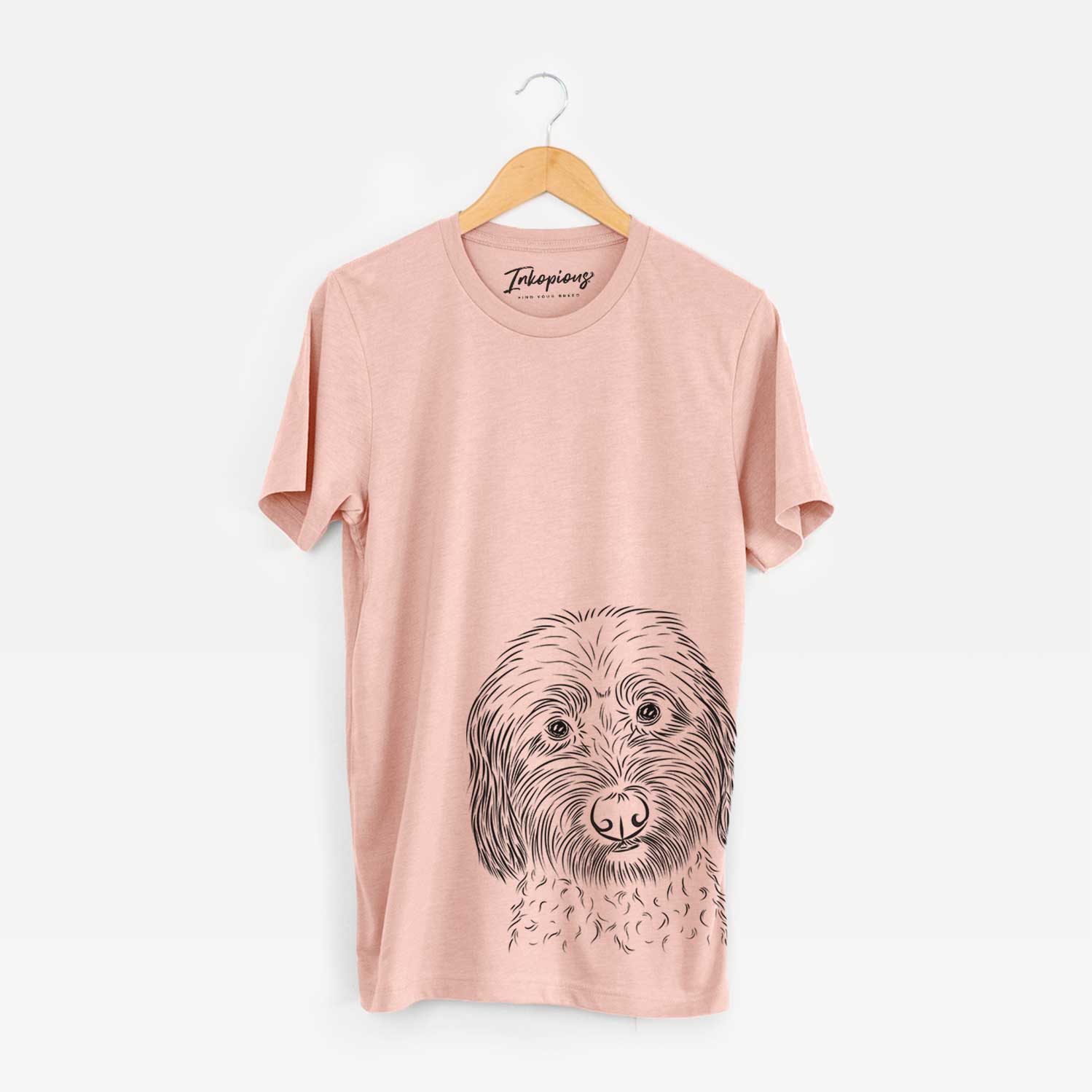 Hand-drawn sketch of Niles the Soft Coated Wheaten Terrier on a Peach Bella Canvas Unisex Crewneck