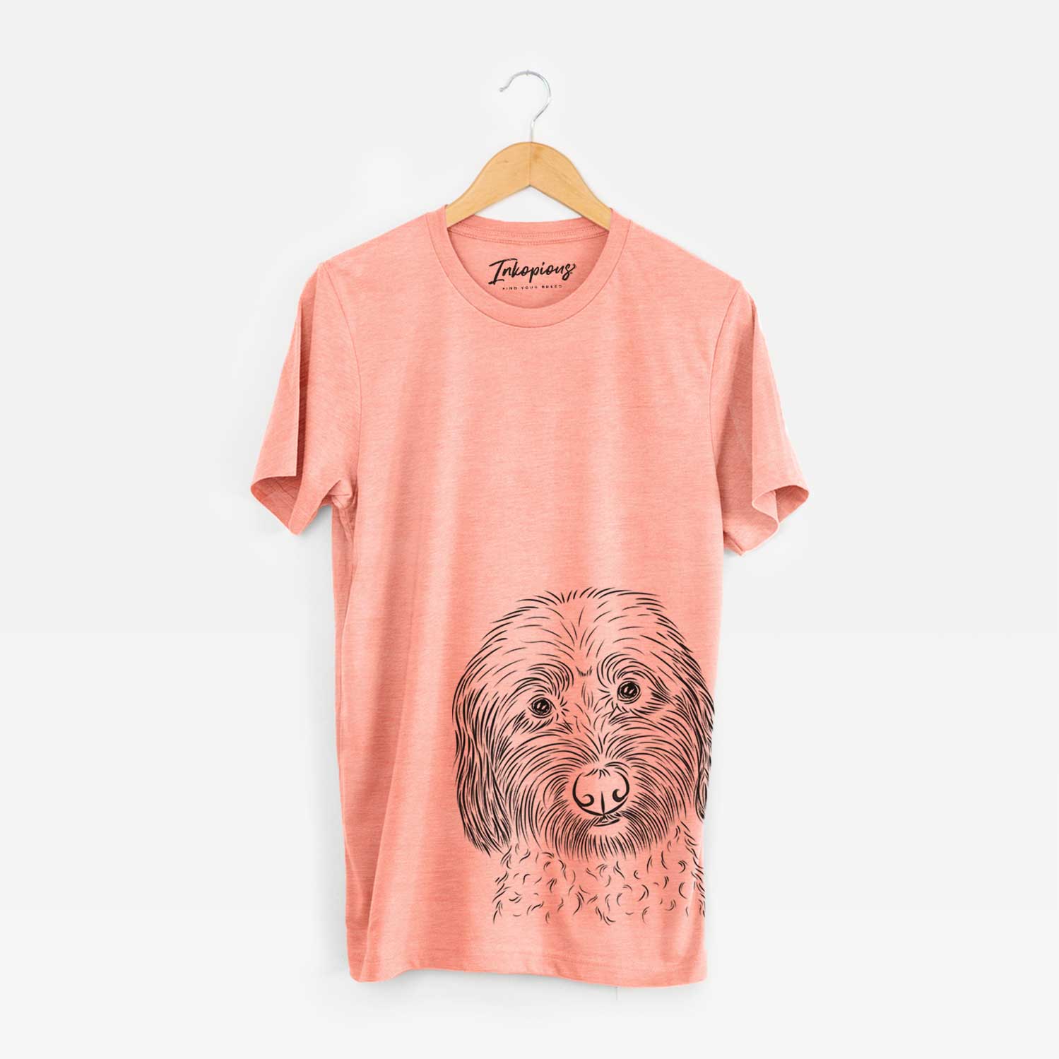 Hand-drawn sketch of Niles the Soft Coated Wheaten Terrier on a Sunset Bella Canvas Unisex Crewneck