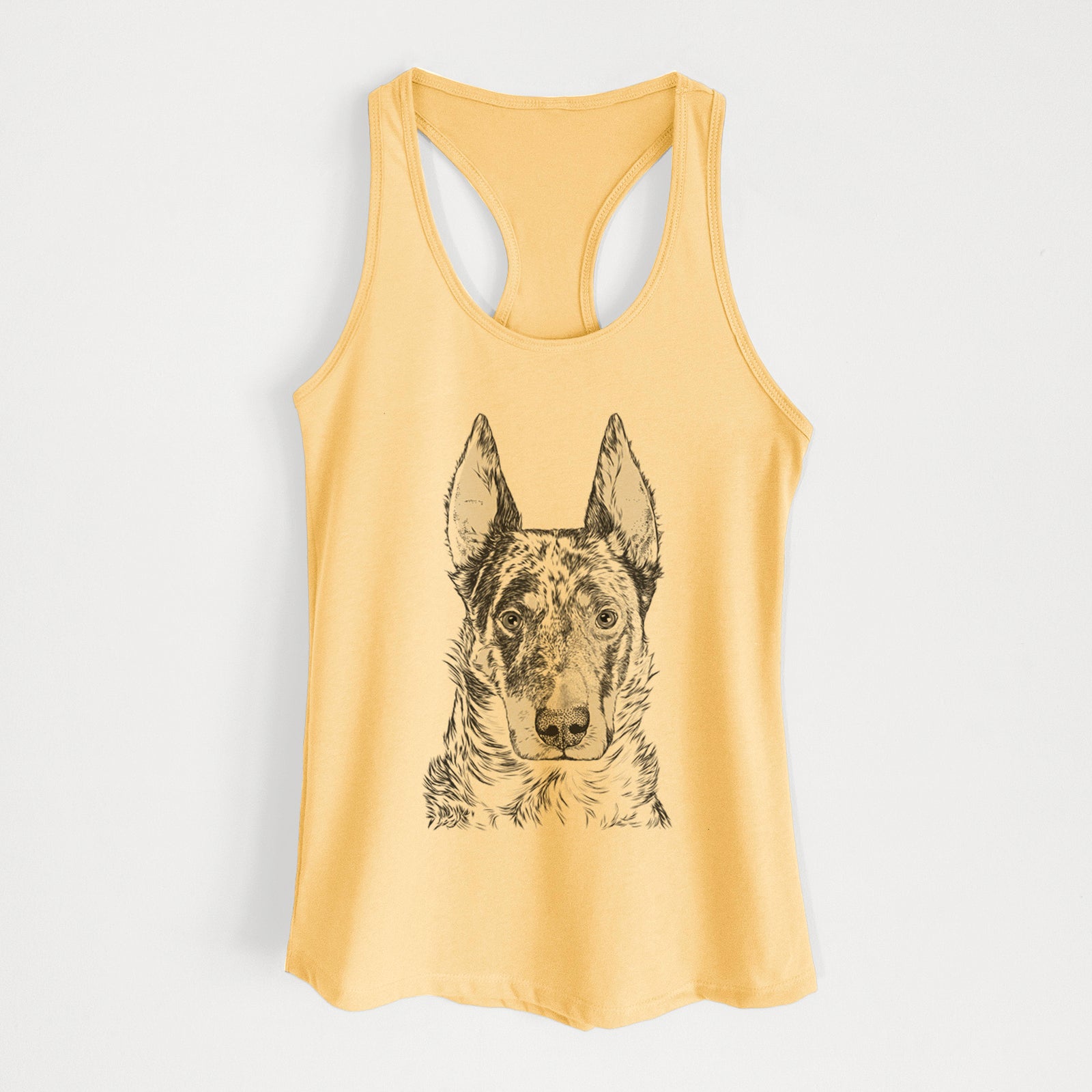 Hand-drawn sketch of Nori the Beauceron on a Banana Cream Women's racerback tanktop