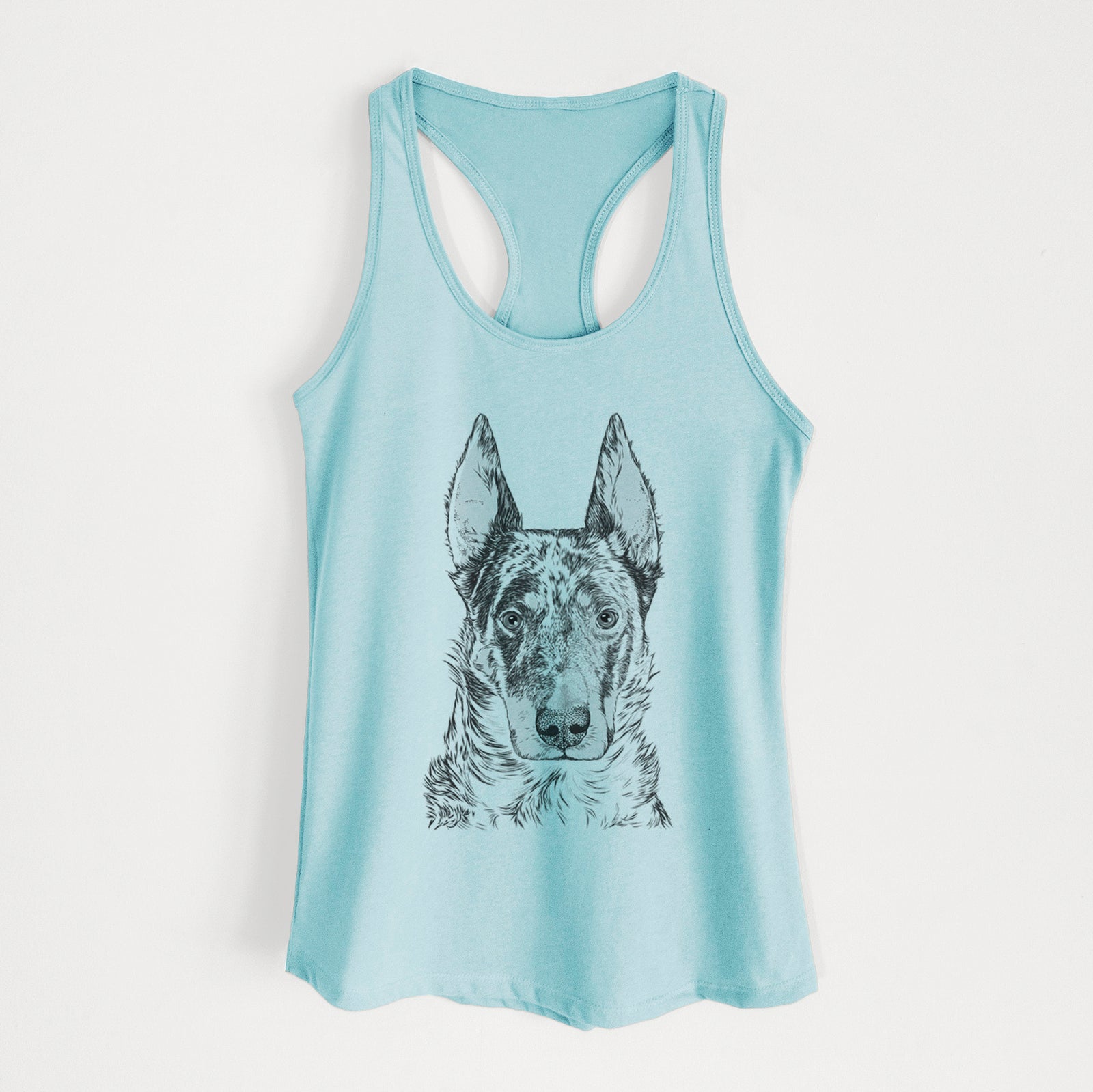 Hand-drawn sketch of Nori the Beauceron on a Cancun Blue Women's racerback tanktop