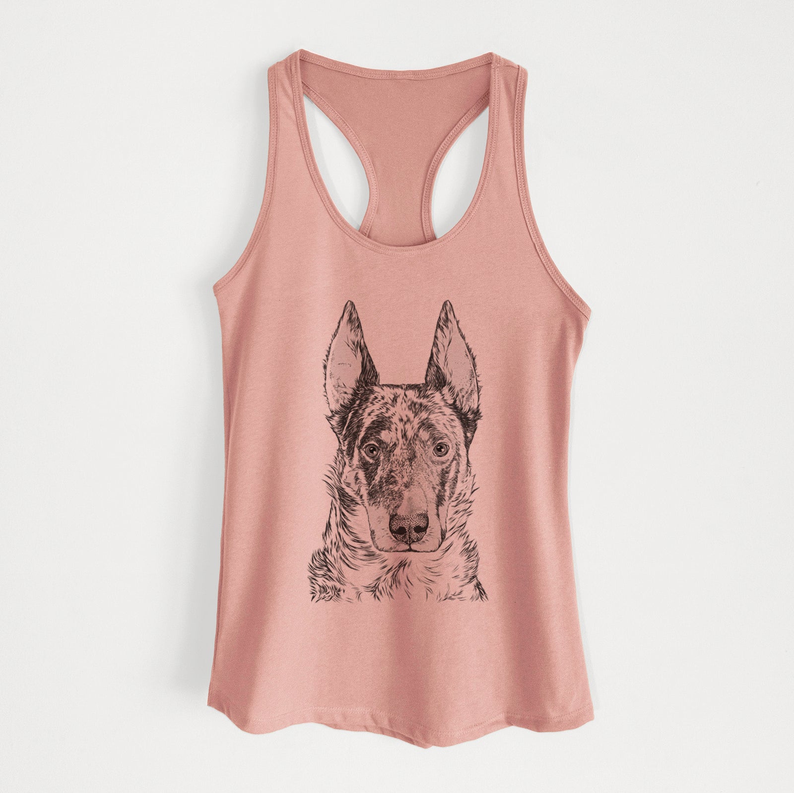 Hand-drawn sketch of Nori the Beauceron on a Desert Pink Women's racerback tanktop