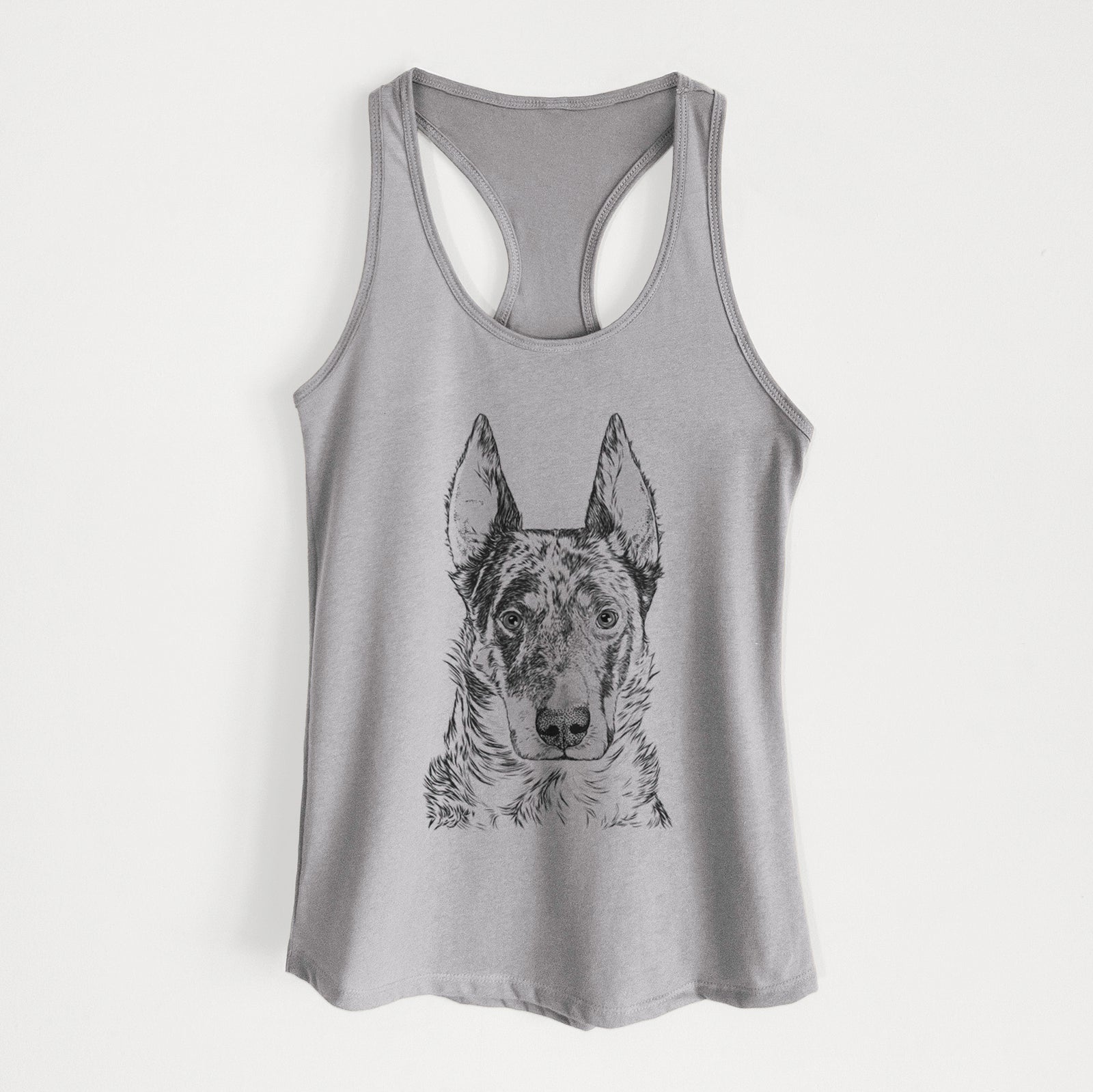 Hand-drawn sketch of Nori the Beauceron on a Heather Grey Women's racerback tanktop