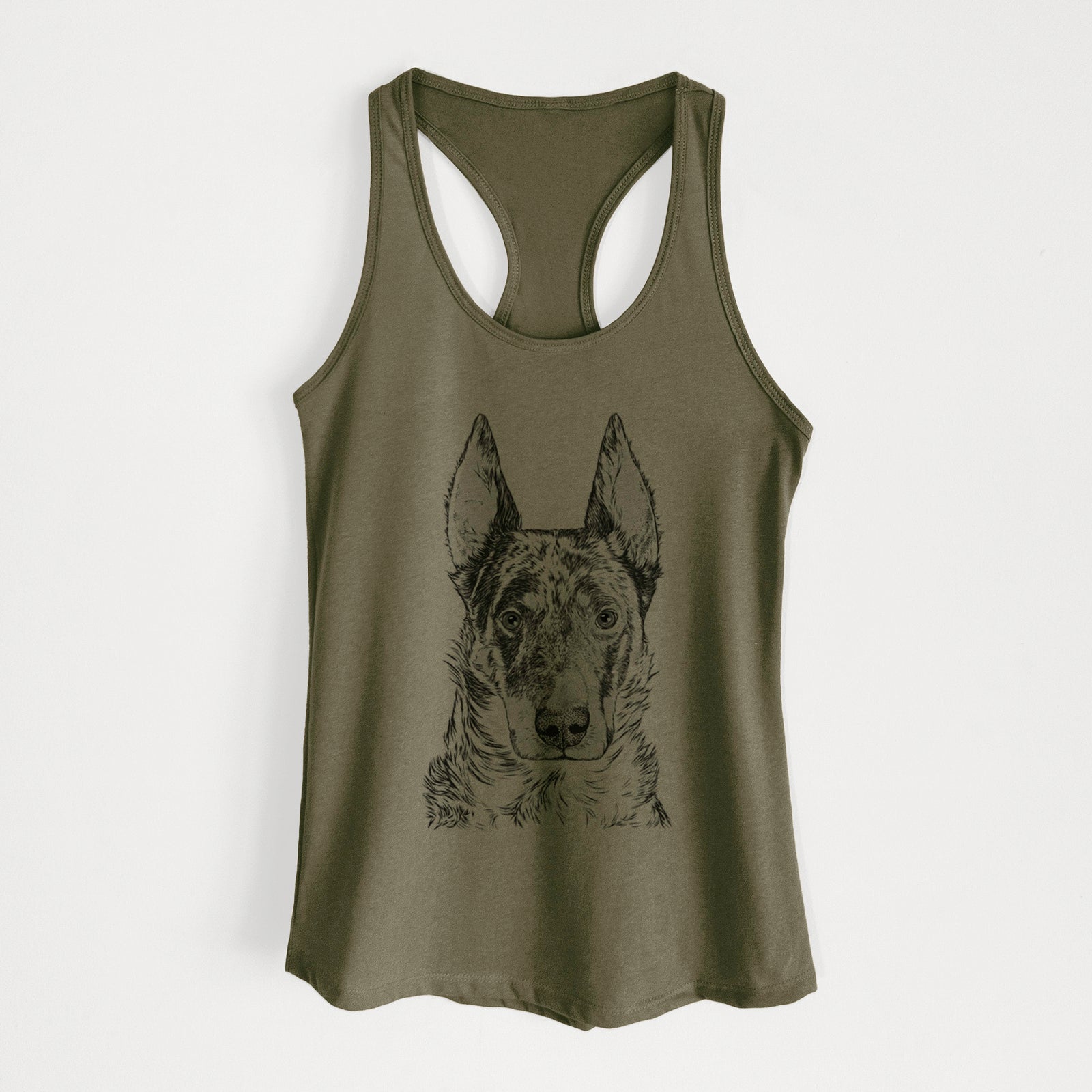Hand-drawn sketch of Nori the Beauceron on a Military Green Women's racerback tanktop