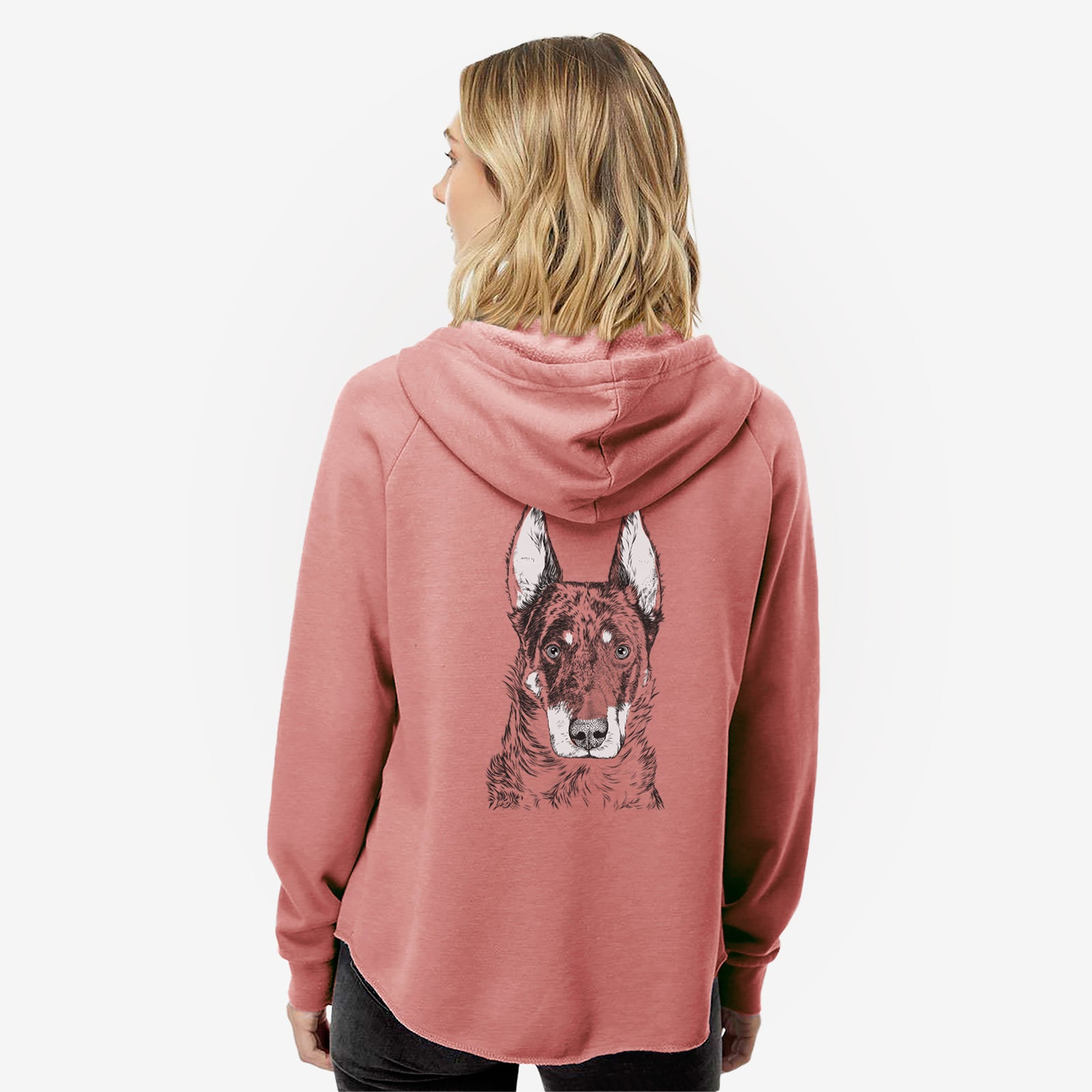Hand-drawn sketch of Nori the Beauceron on a Dusty Rose Women's cali wave zip-up sweatshirt