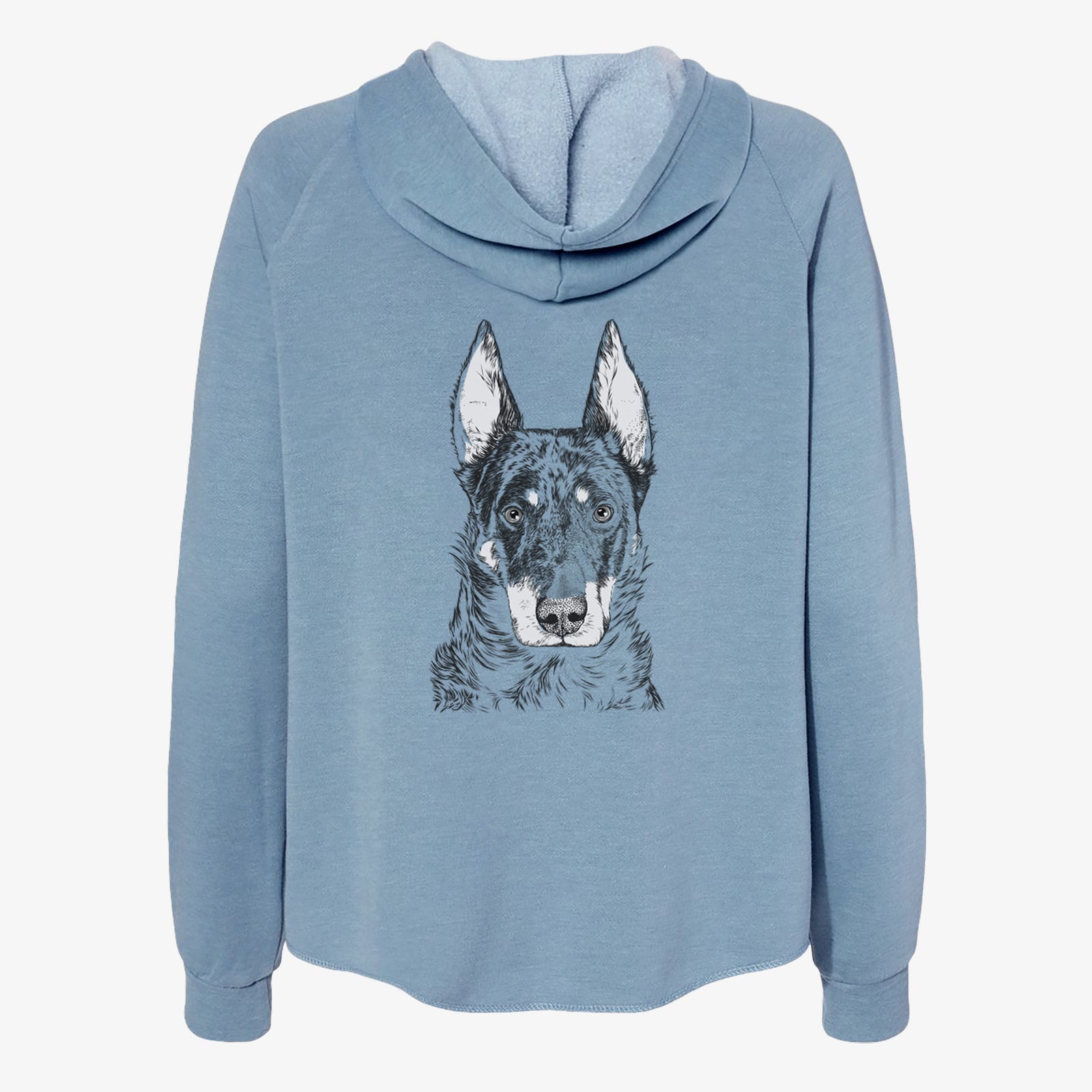 Hand-drawn sketch of Nori the Beauceron on a Misty Blue Women's cali wave zip-up sweatshirt