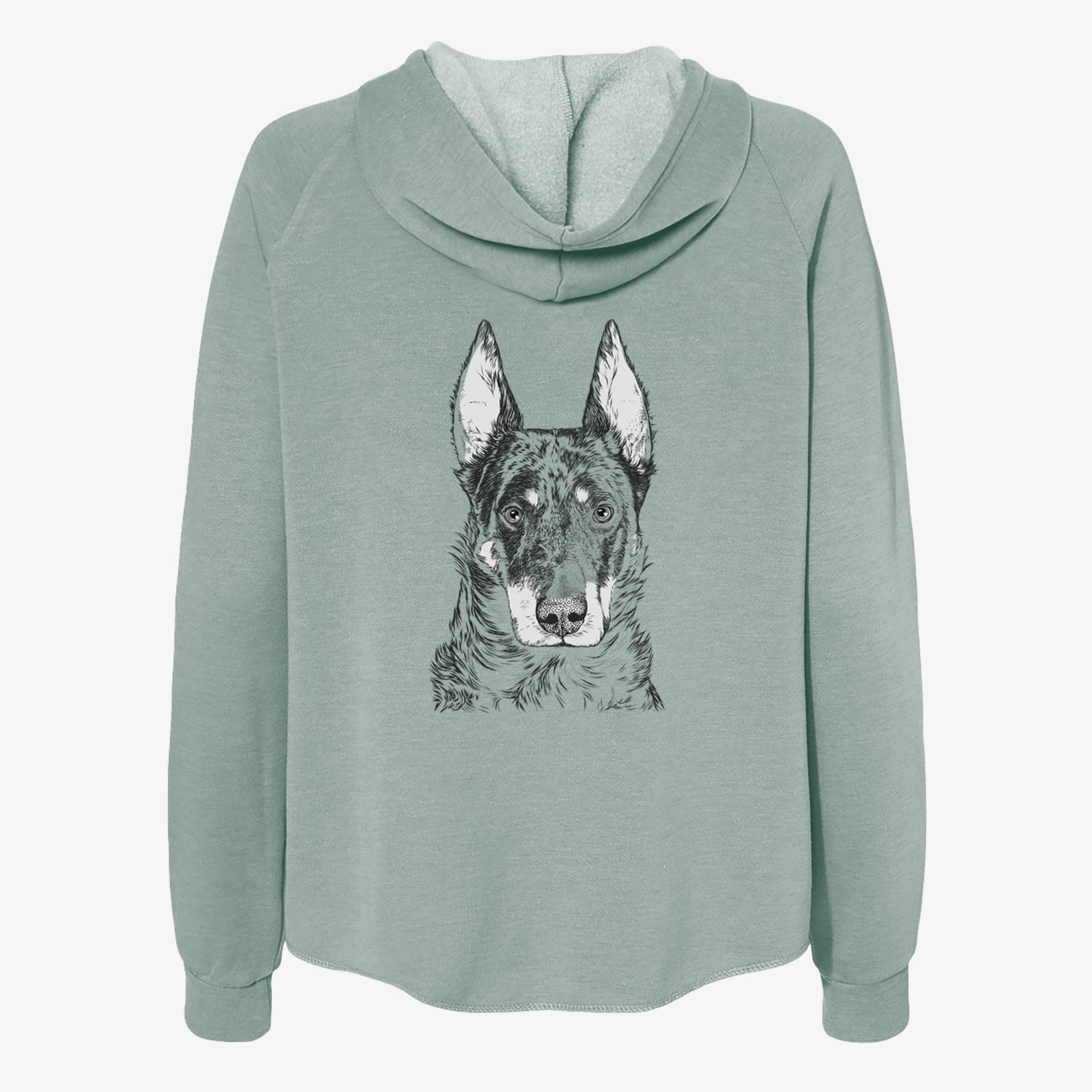Hand-drawn sketch of Nori the Beauceron on a Sage Women's cali wave zip-up sweatshirt