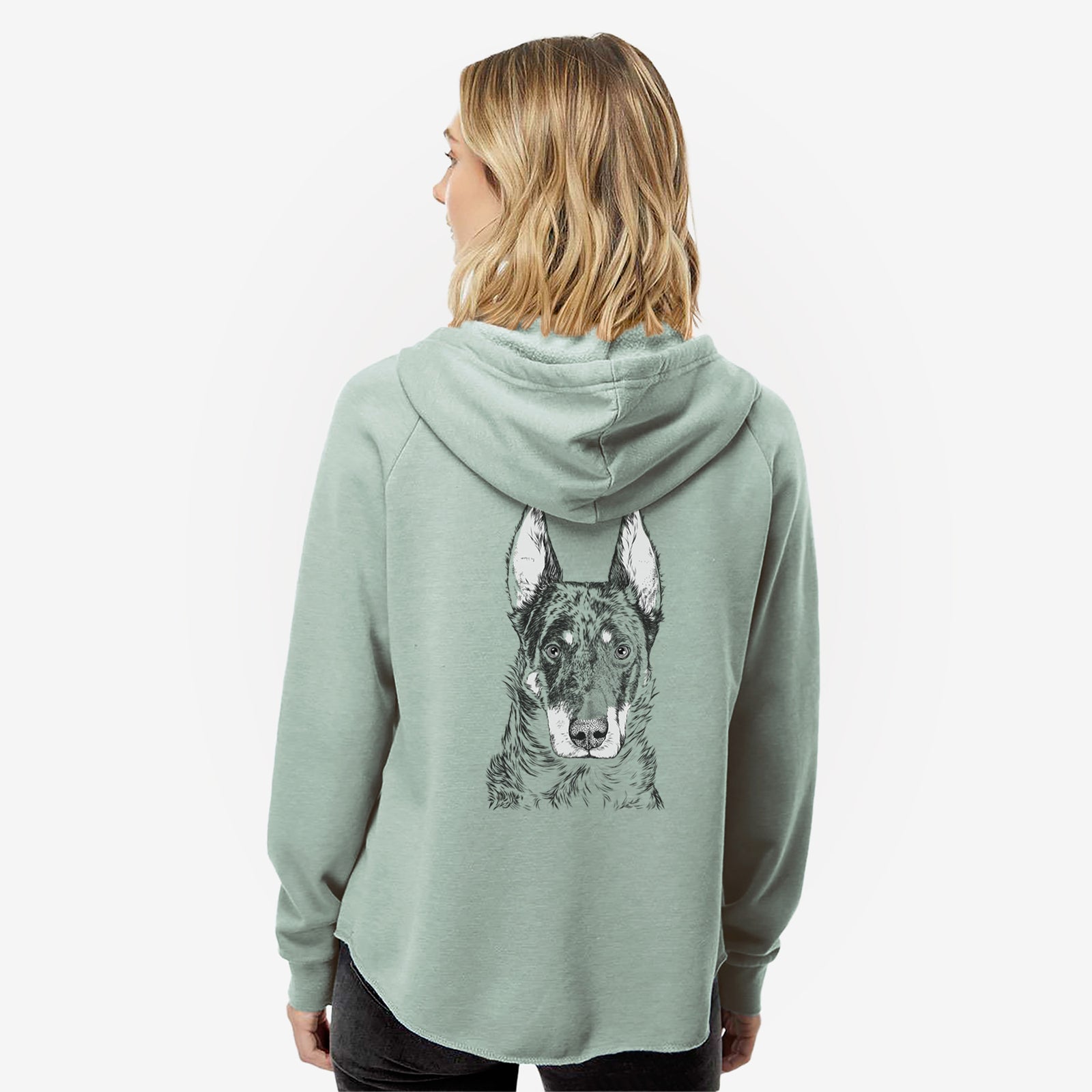 Hand-drawn sketch of Nori the Beauceron on a Sage Women's cali wave zip-up sweatshirt