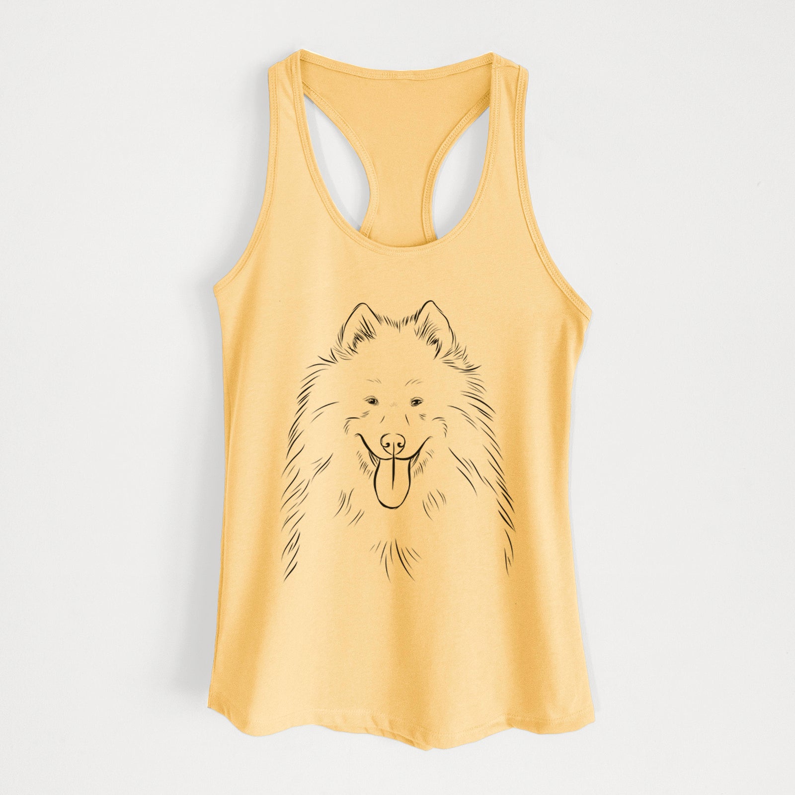 Hand-drawn sketch of Nova the Samoyed on a Banana Cream Women's racerback tanktop