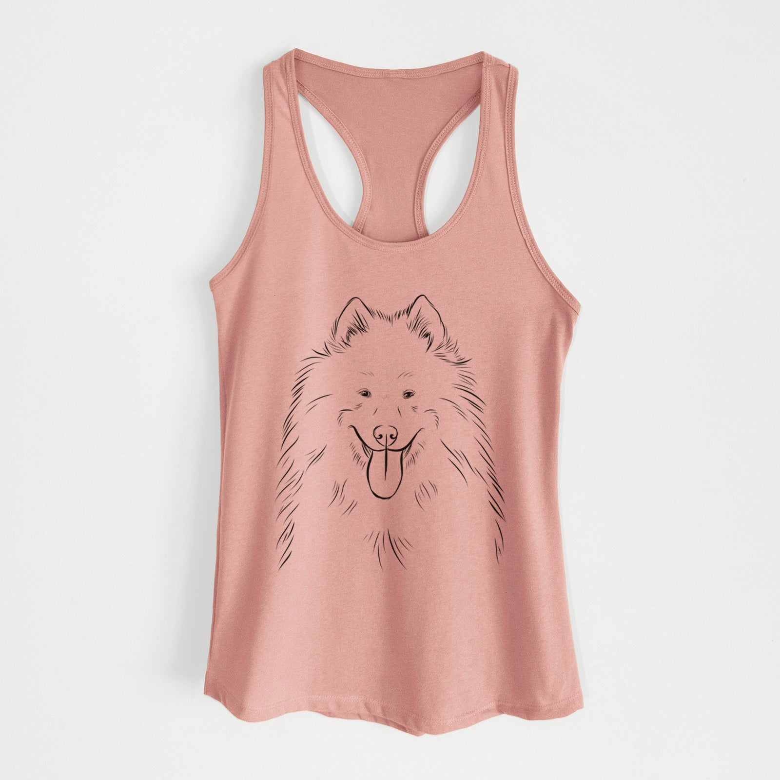 Hand-drawn sketch of Nova the Samoyed on a Desert Pink Women's racerback tanktop