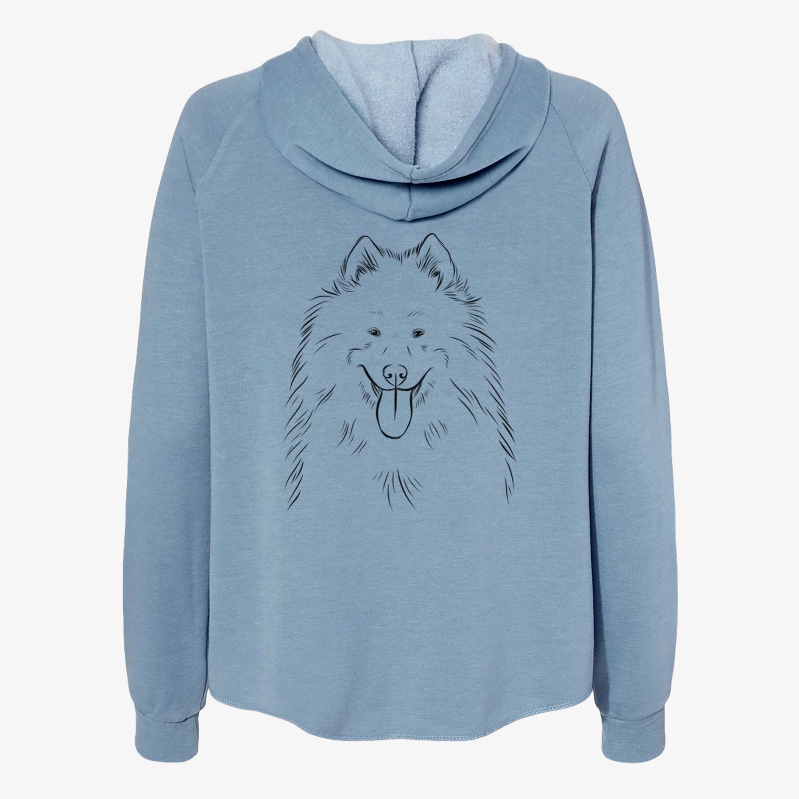 Hand-drawn sketch of Nova the Samoyed on a Misty Blue Women's cali wave zip-up sweatshirt
