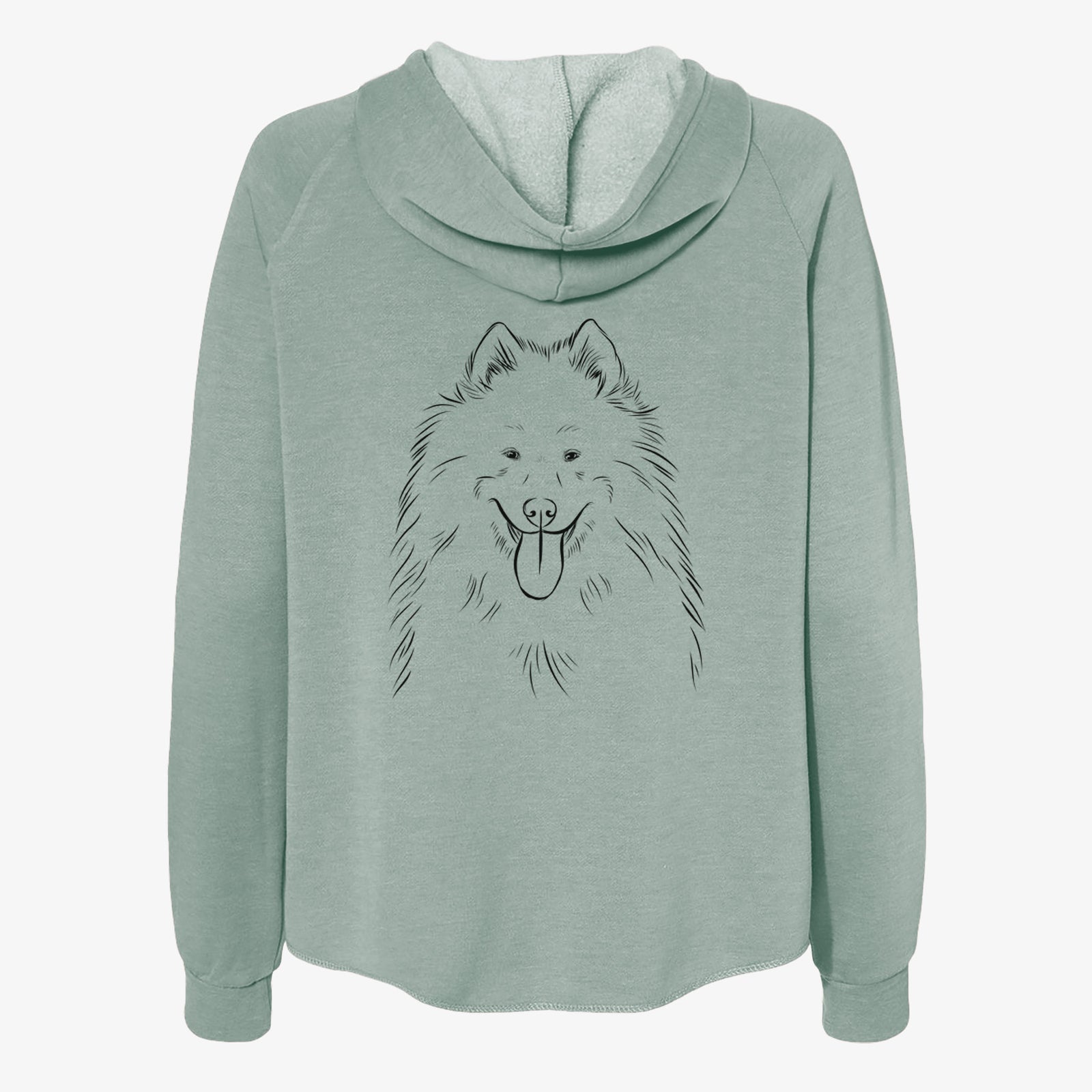 Hand-drawn sketch of Nova the Samoyed on a Sage Women's cali wave zip-up sweatshirt