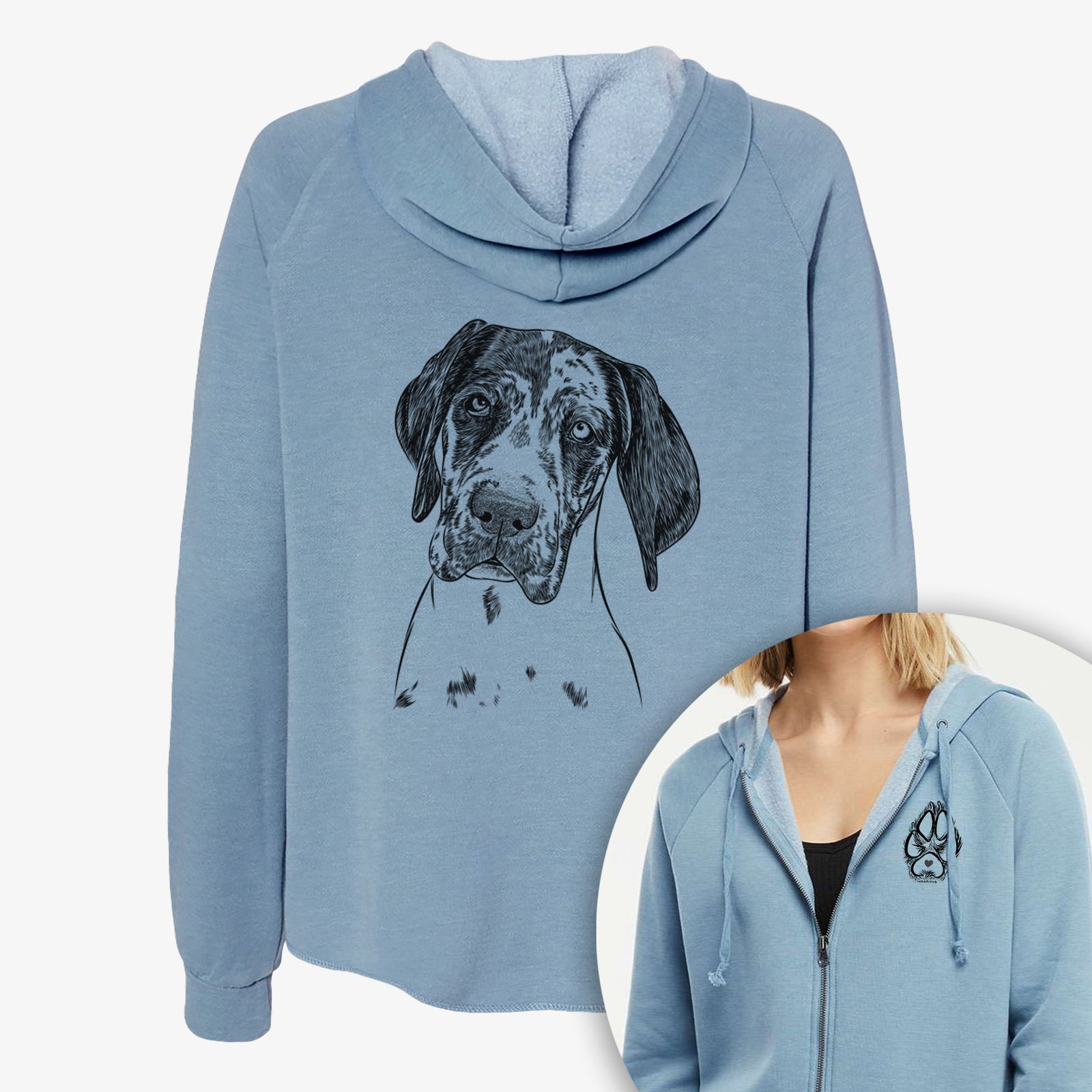 Hand-drawn sketch of Nyx the Great Dane on a Women's cali wave zip-up sweatshirt, shown with icons of the other available costume styles