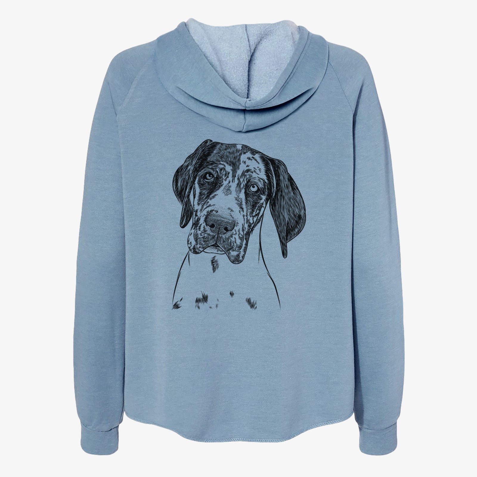 Hand-drawn sketch of Nyx the Great Dane on a Misty Blue Women's cali wave zip-up sweatshirt