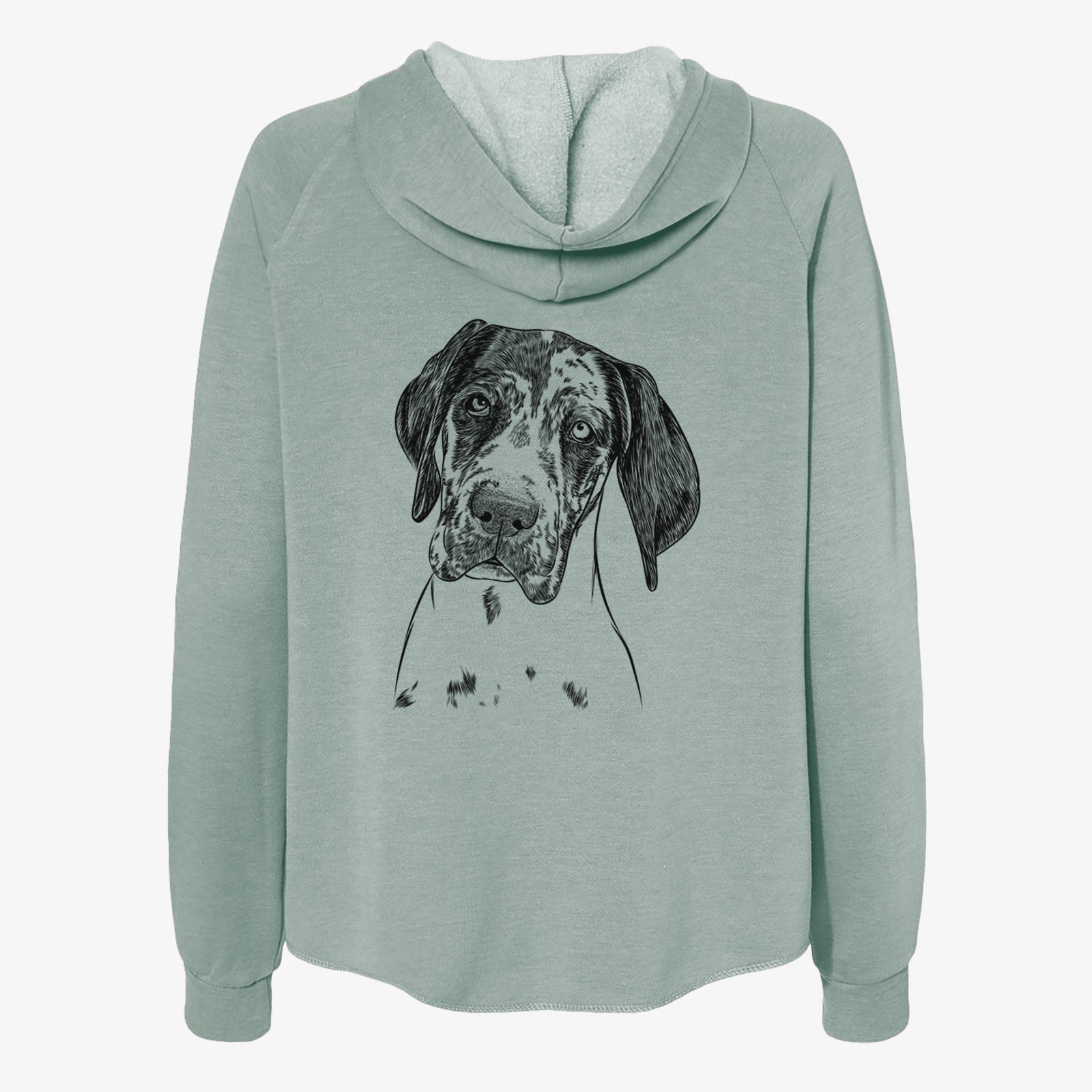Hand-drawn sketch of Nyx the Great Dane on a Sage Women's cali wave zip-up sweatshirt