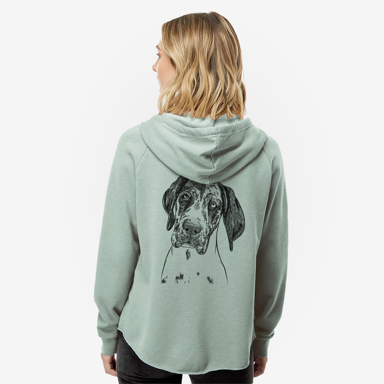 Hand-drawn sketch of Nyx the Great Dane on a Sage Women's cali wave zip-up sweatshirt