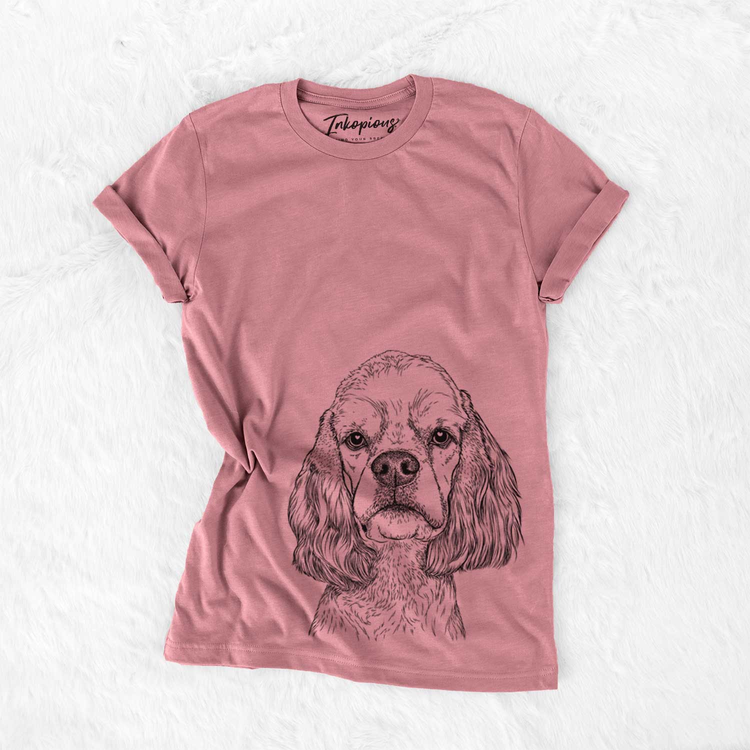 Hand-drawn sketch of Oakley the American Cocker Spaniel on a Mauve Bella Canvas Unisex Crewneck