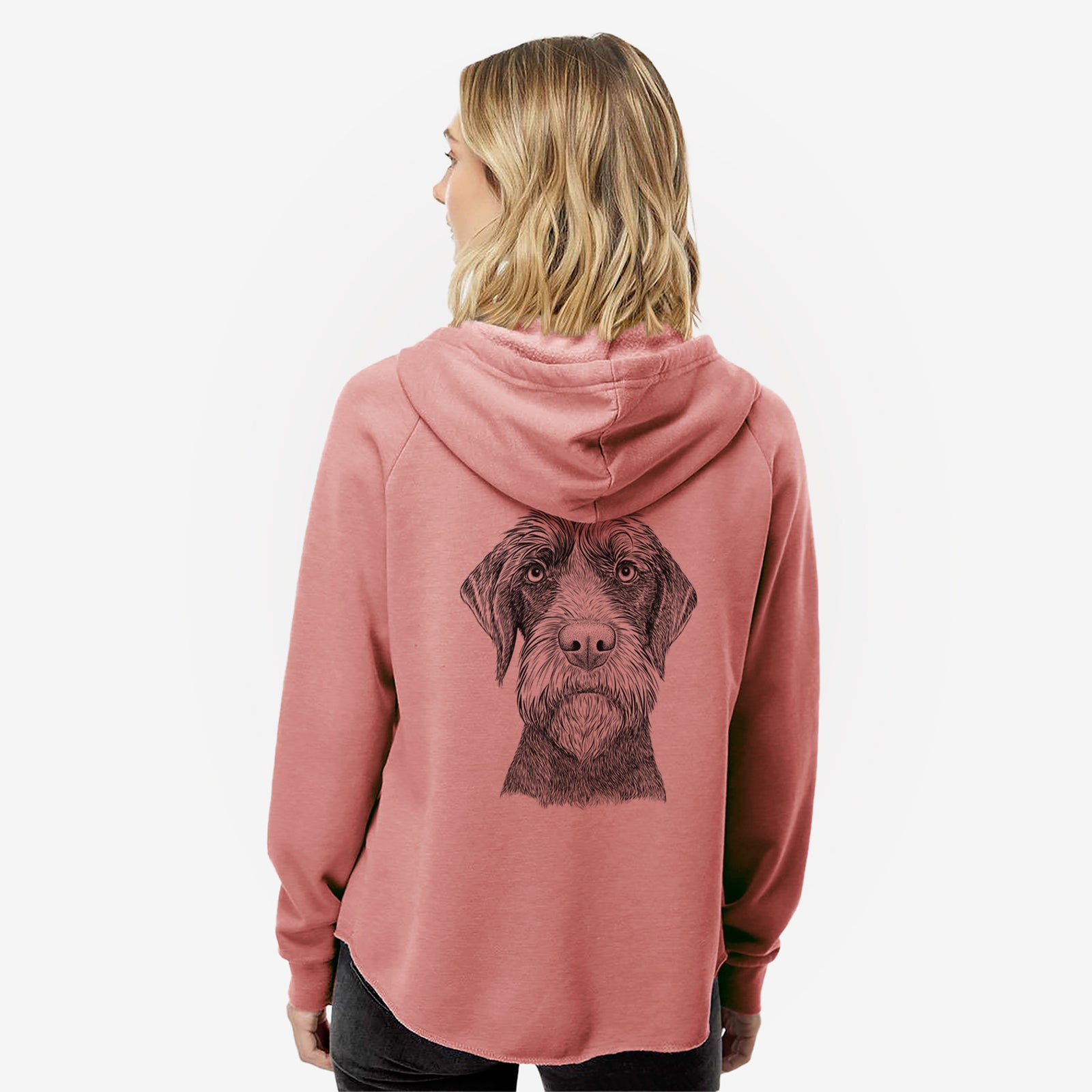 Hand-drawn sketch of Oakley the Pudelpointer on a Dusty Rose Women's cali wave zip-up sweatshirt