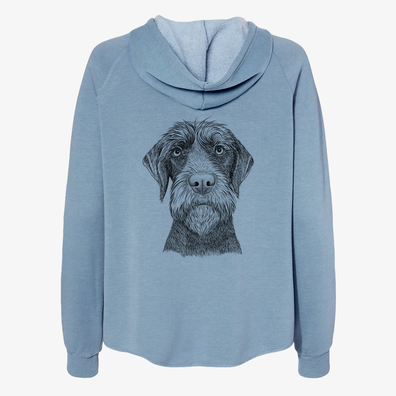 Hand-drawn sketch of Oakley the Pudelpointer on a Misty Blue Women's cali wave zip-up sweatshirt