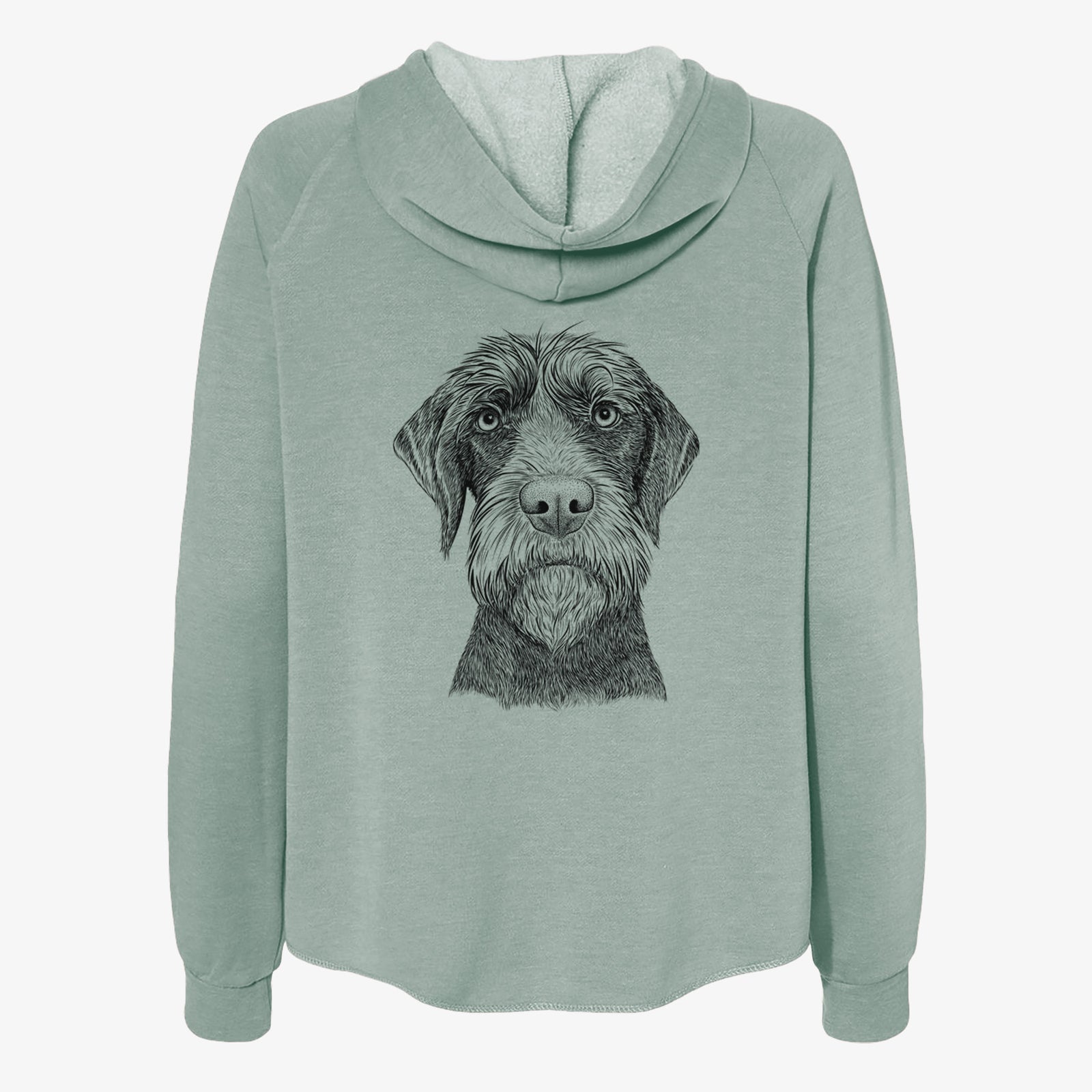 Hand-drawn sketch of Oakley the Pudelpointer on a Sage Women's cali wave zip-up sweatshirt