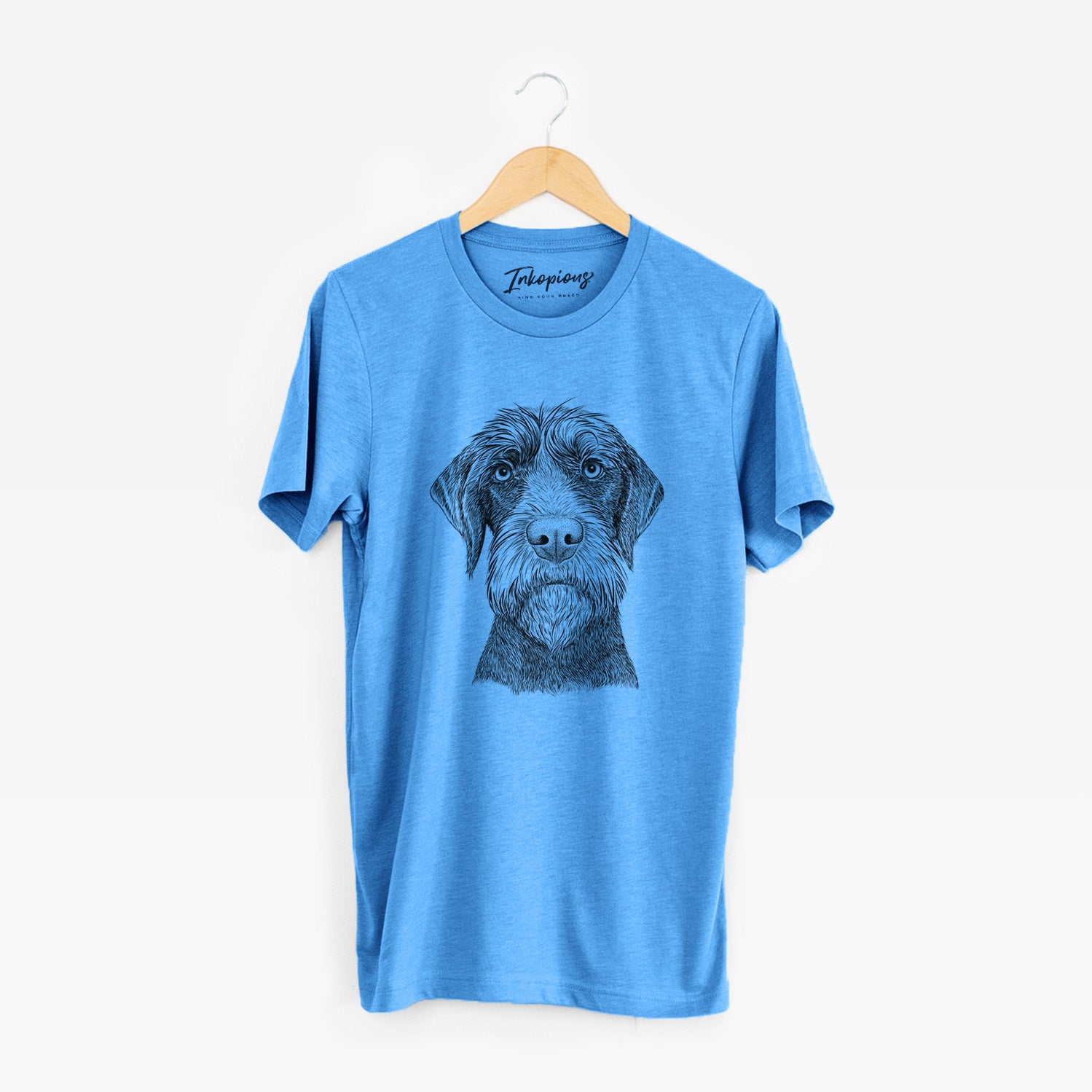 Hand-drawn sketch of Oakley the Pudelpointer on a Blue Unisex crewneck