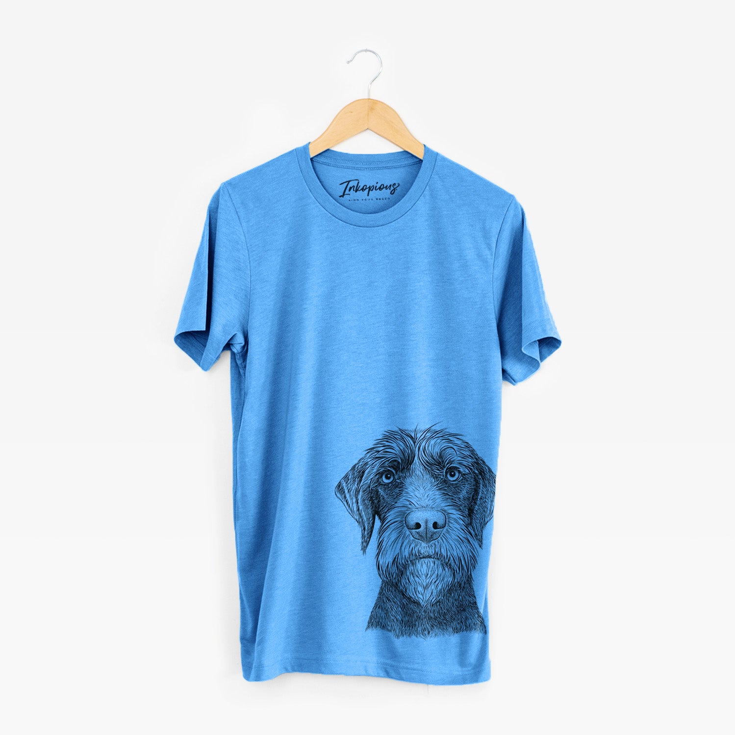 Hand-drawn sketch of Oakley the Pudelpointer on a Blue Unisex crewneck