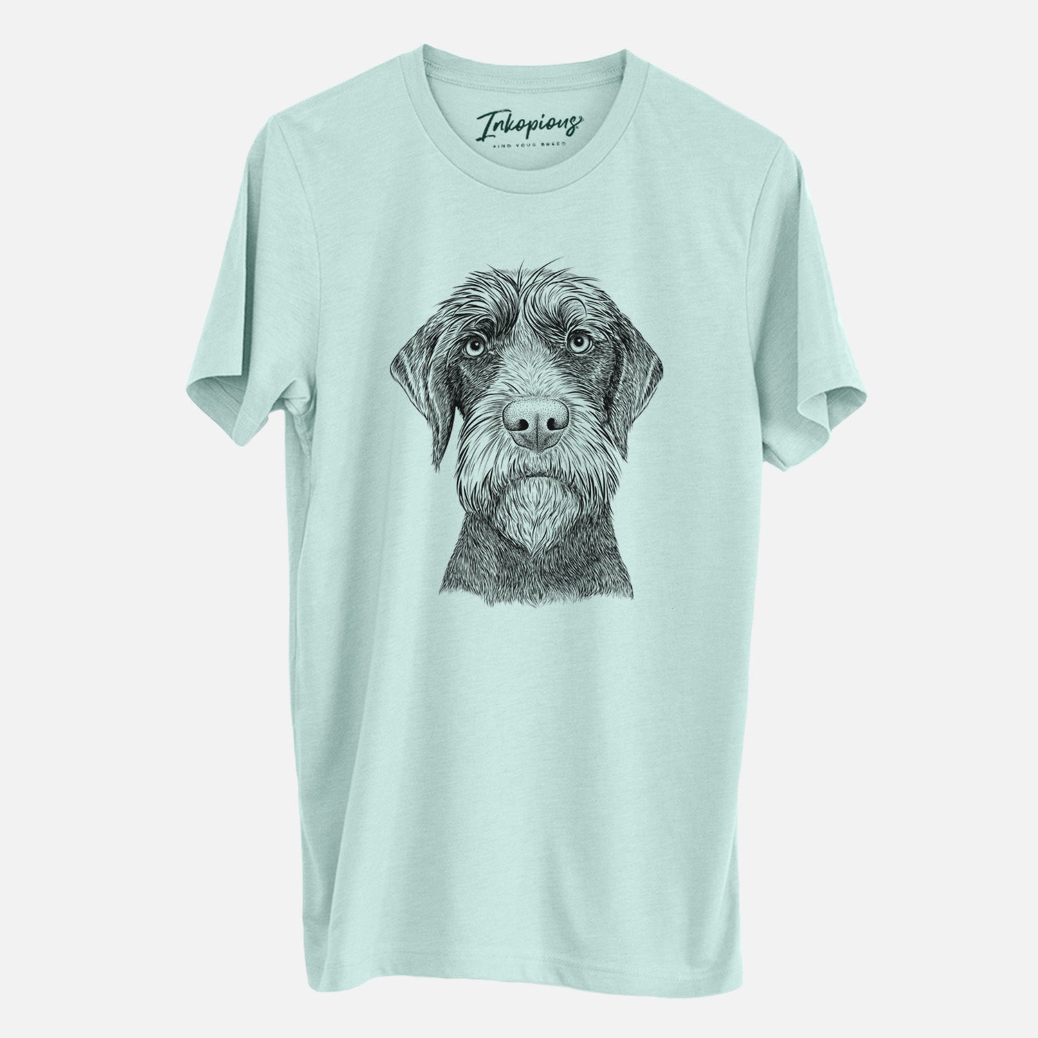 Hand-drawn sketch of Oakley the Pudelpointer on a Heather Sage Unisex crewneck