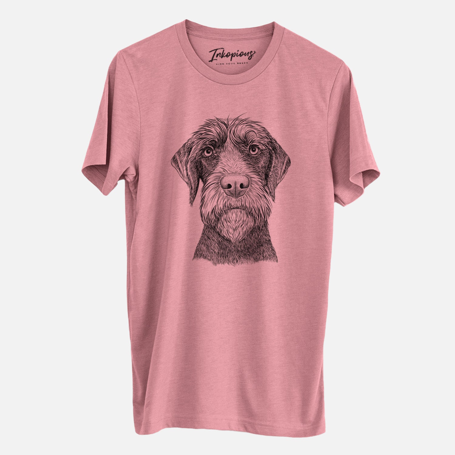 Hand-drawn sketch of Oakley the Pudelpointer on a Mauve Unisex crewneck