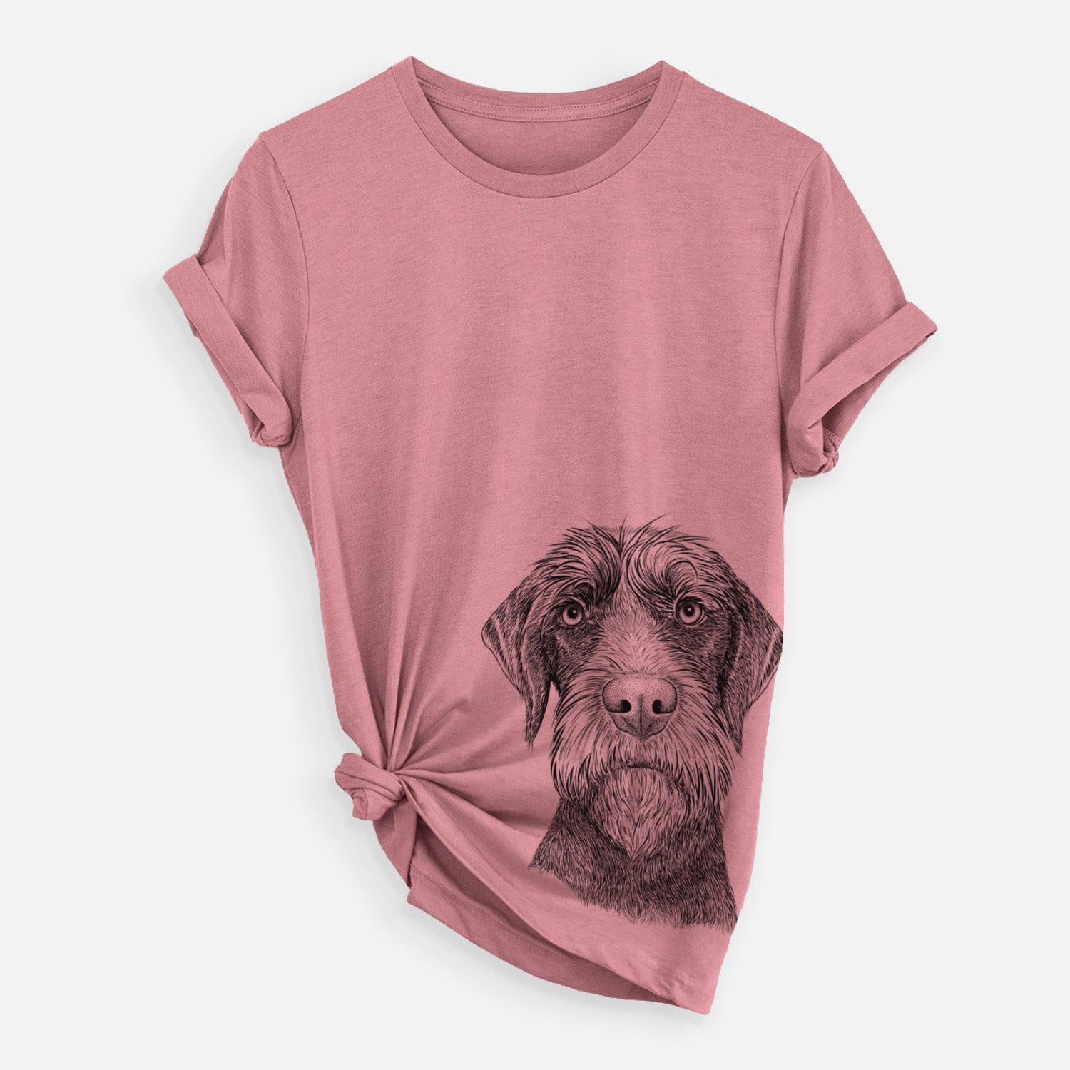 Hand-drawn sketch of Oakley the Pudelpointer on a Mauve Unisex crewneck
