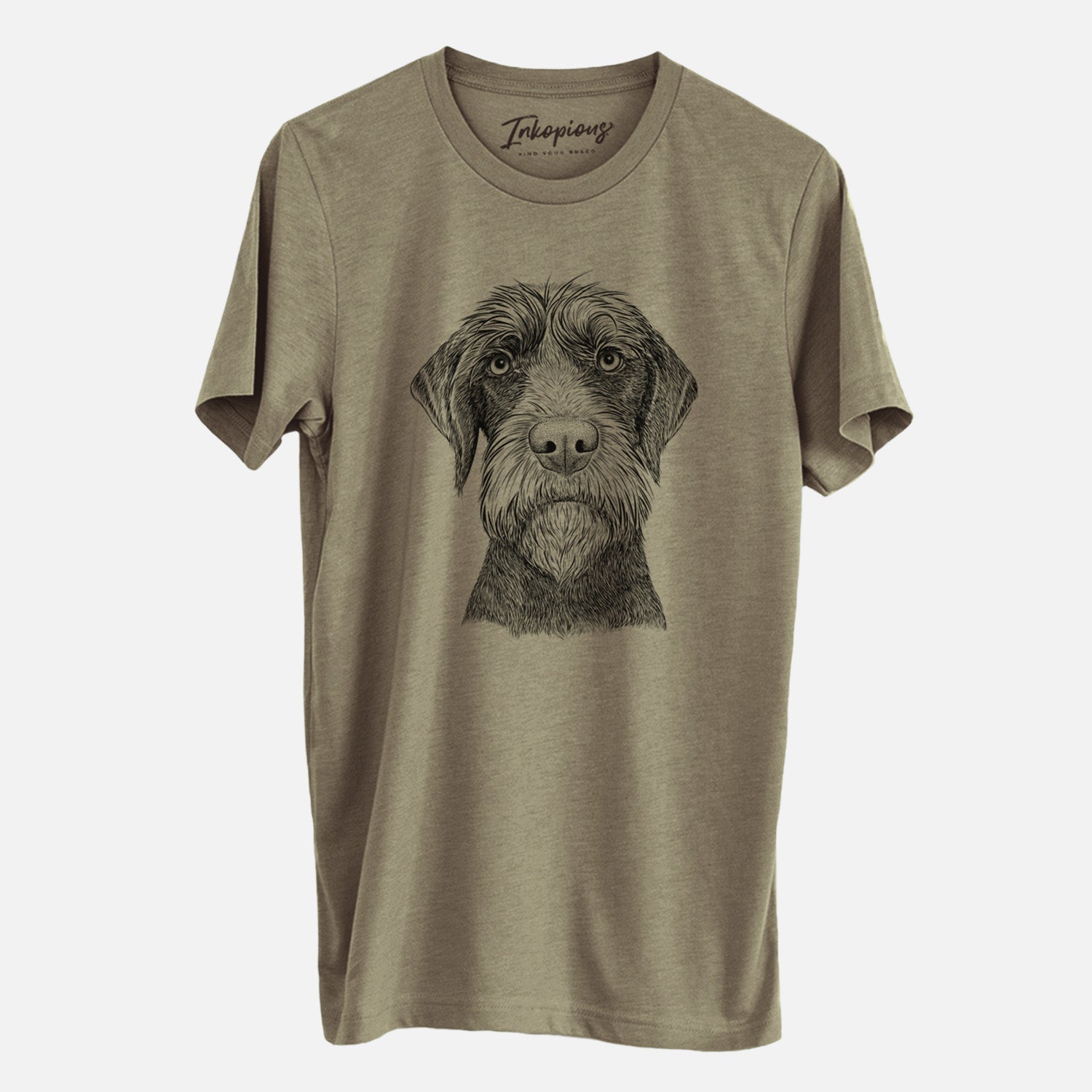 Hand-drawn sketch of Oakley the Pudelpointer on an Olive Unisex crewneck