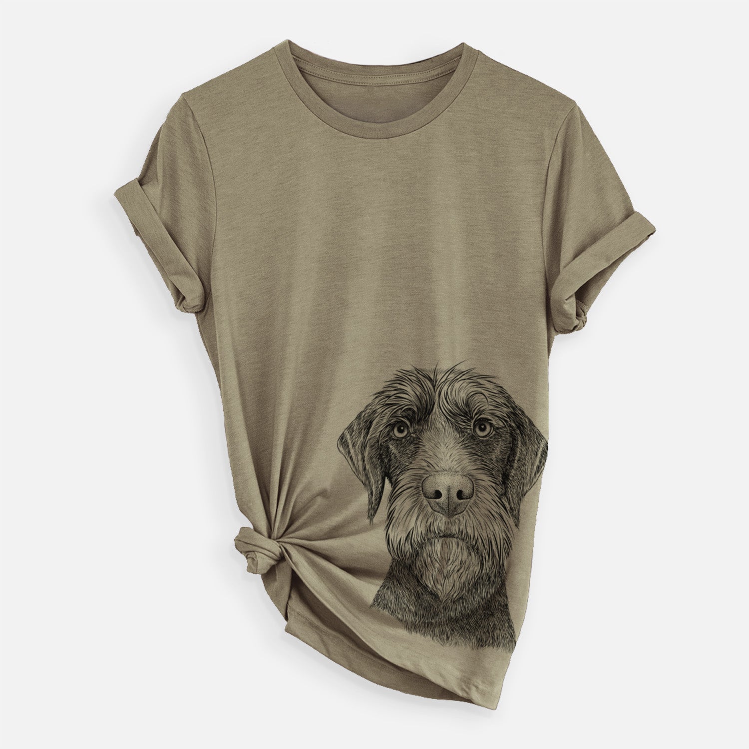 Hand-drawn sketch of Oakley the Pudelpointer on an Olive Unisex crewneck