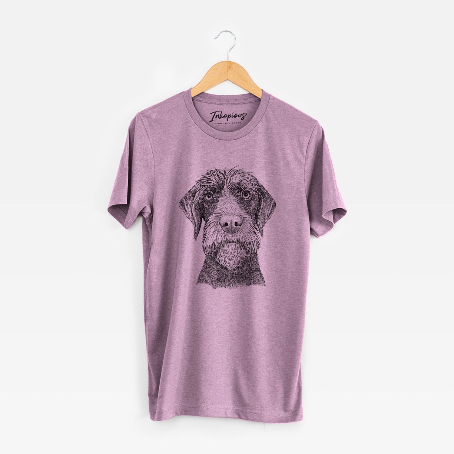 Hand-drawn sketch of Oakley the Pudelpointer on an Orchid Unisex crewneck