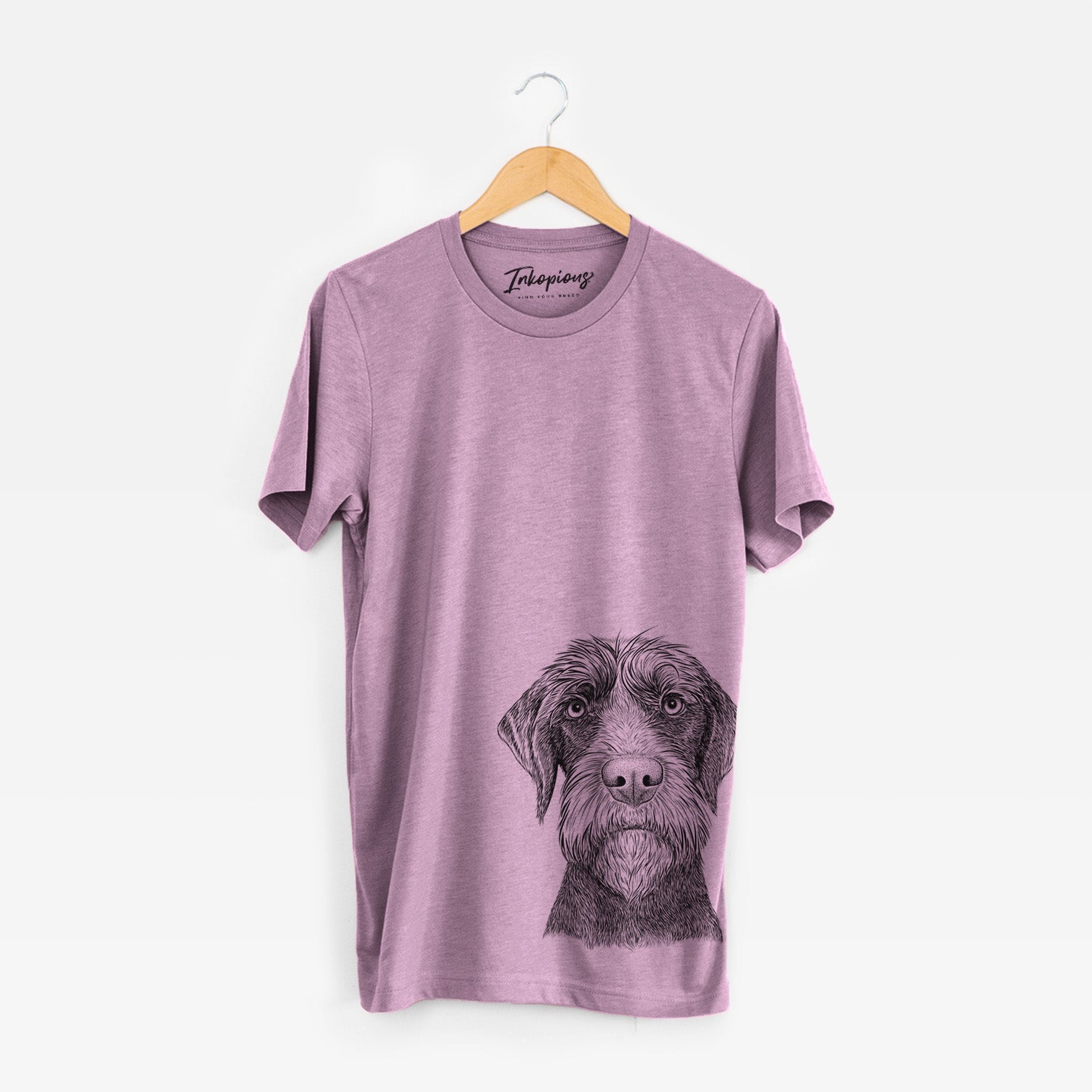 Hand-drawn sketch of Oakley the Pudelpointer on an Orchid Unisex crewneck